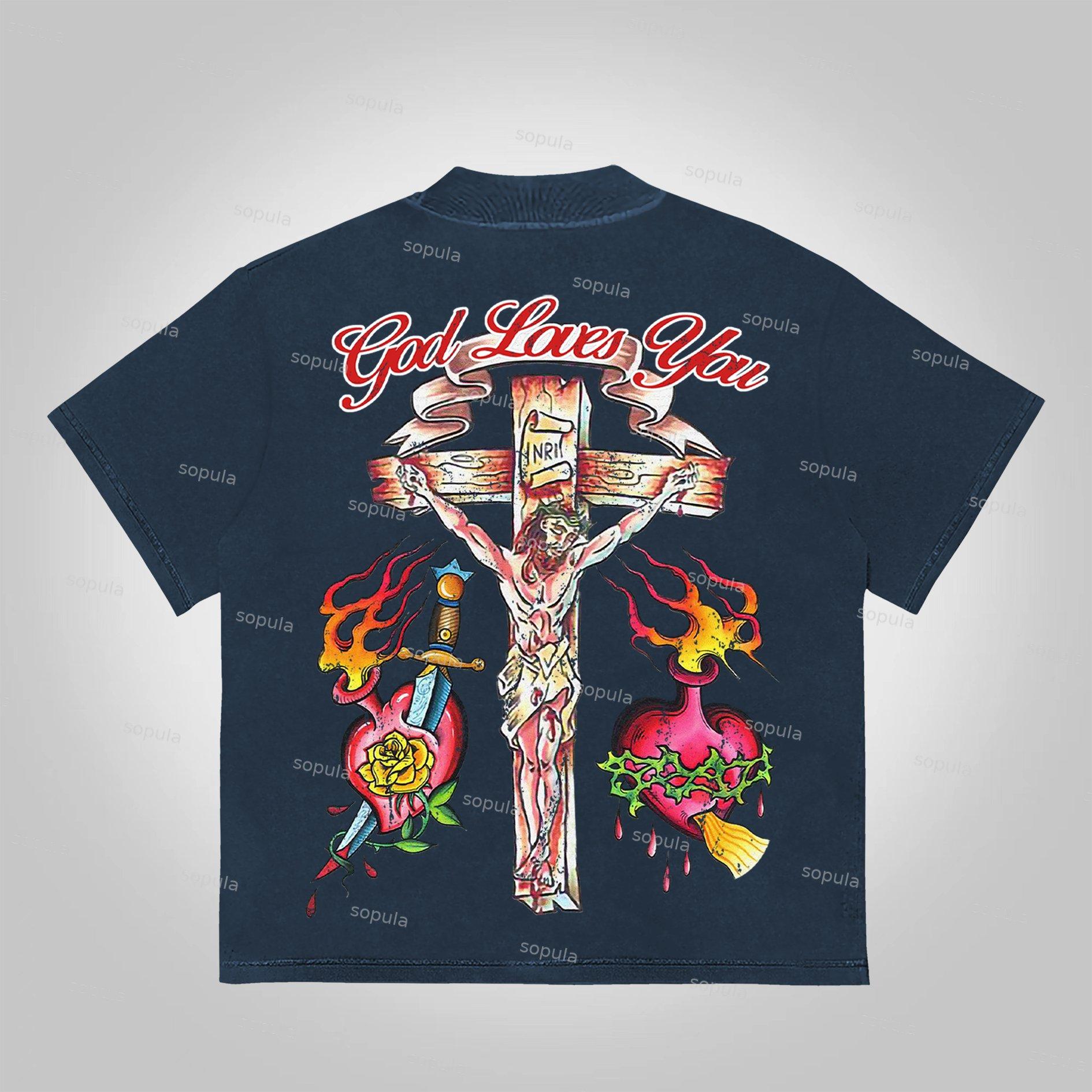 Sopula Jesus Portrait Faith Cross Graphic Print Cotton T-Shirt Product Image