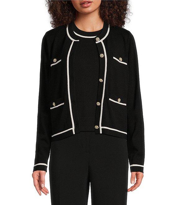 KARL LAGERFELD PARIS Knit Crew Neck Long Sleeve Embellished Button-Front Cardigan Product Image