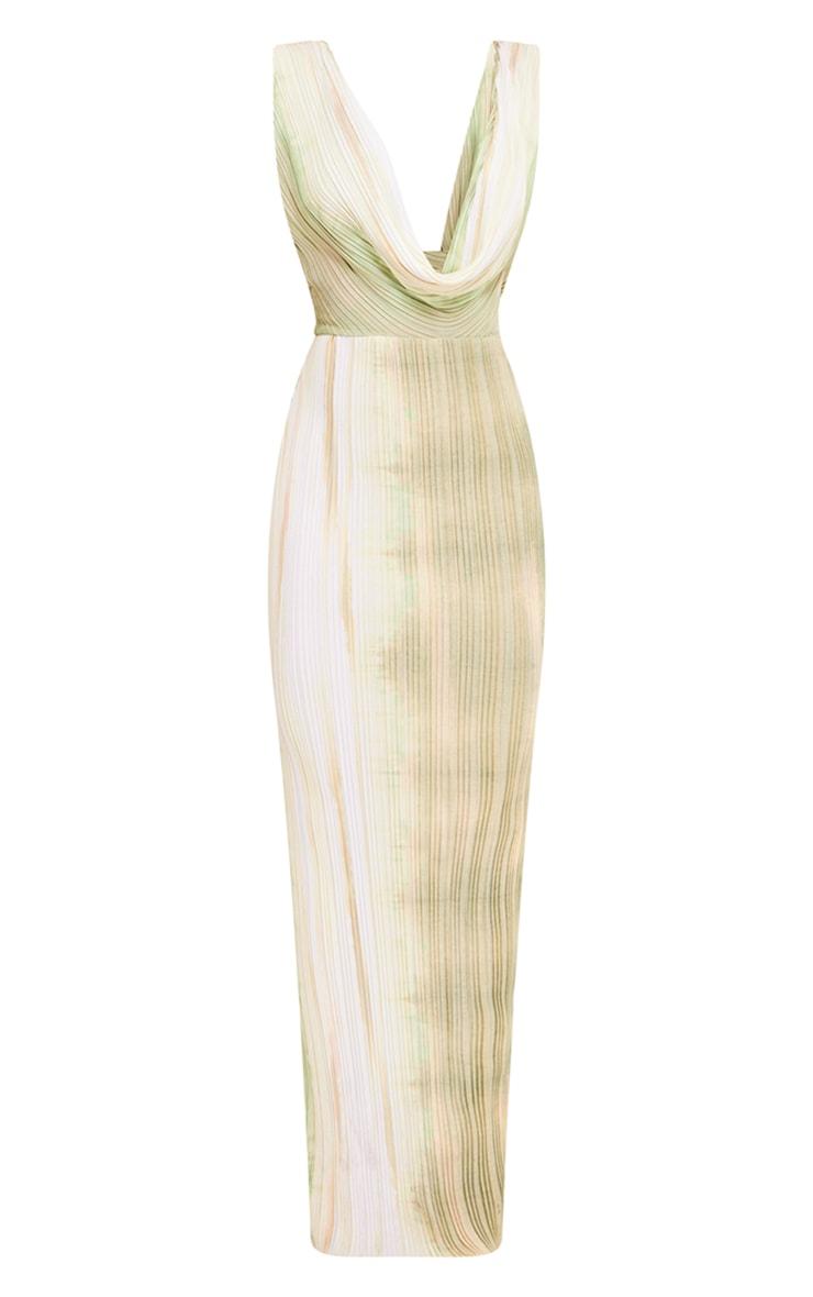 Green Tie Dye Print Plisse Cowl Plunge Maxi Dress Product Image
