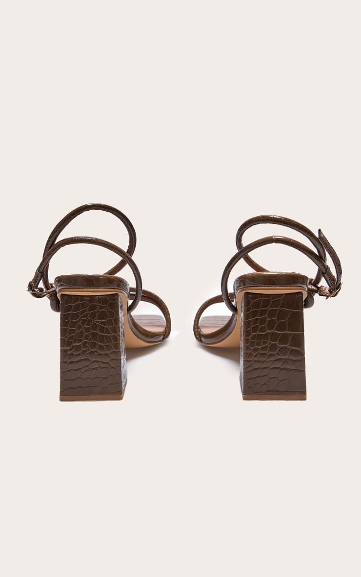 Chocolate Croc PU Square Toe Strappy Tube Asymmetric Block Heeled Sandals Product Image