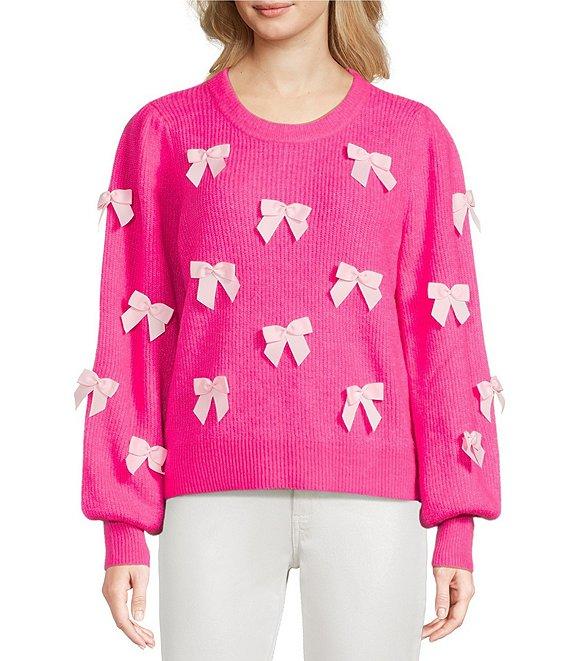 Lilly Pulitzer Zarie Fluffy Blend Knit Bow Applique Crew Neck Puff Long Sleeve Sweater Product Image