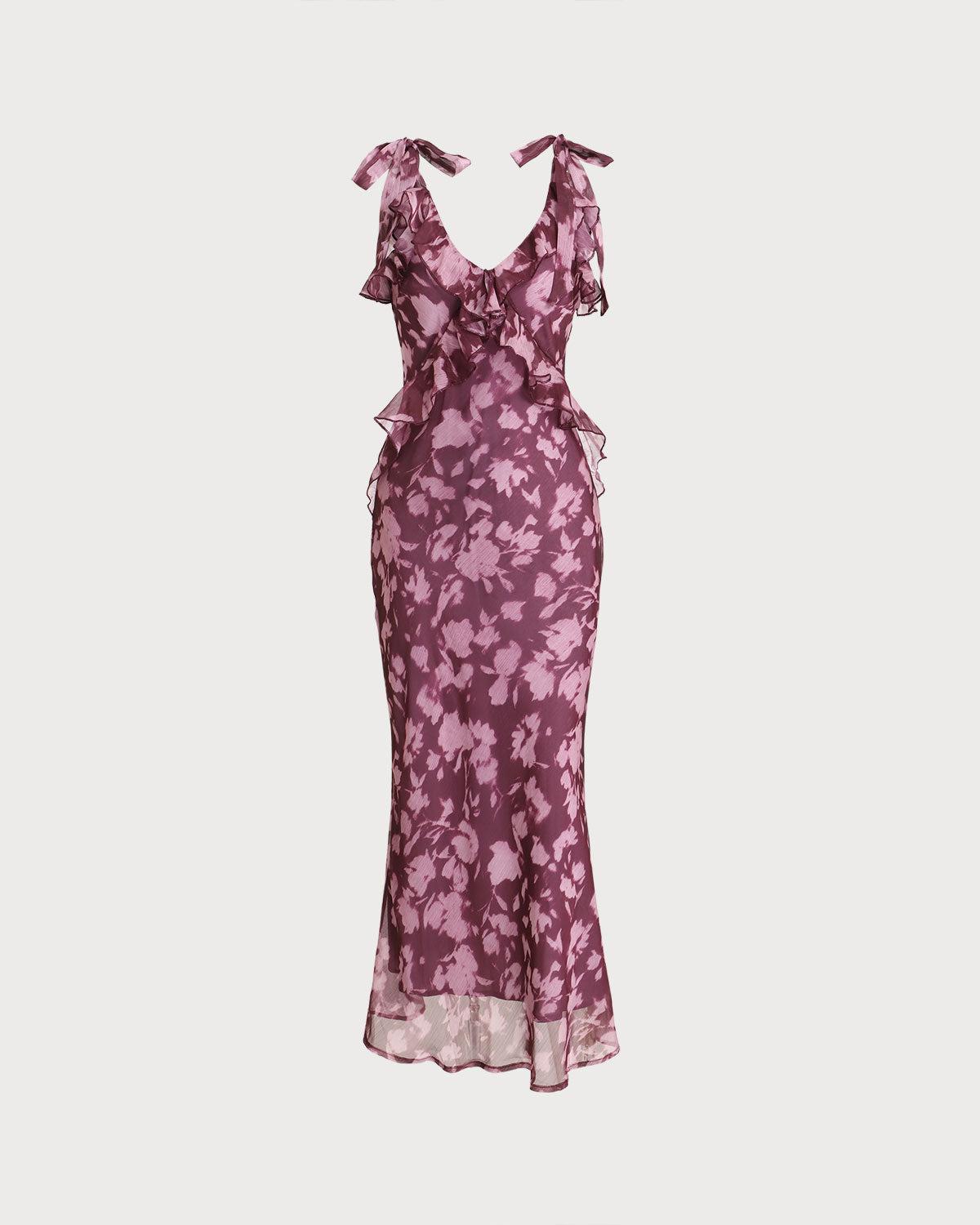 Purple Floral Ruffle Tie Strap Maxi Dress Product Image