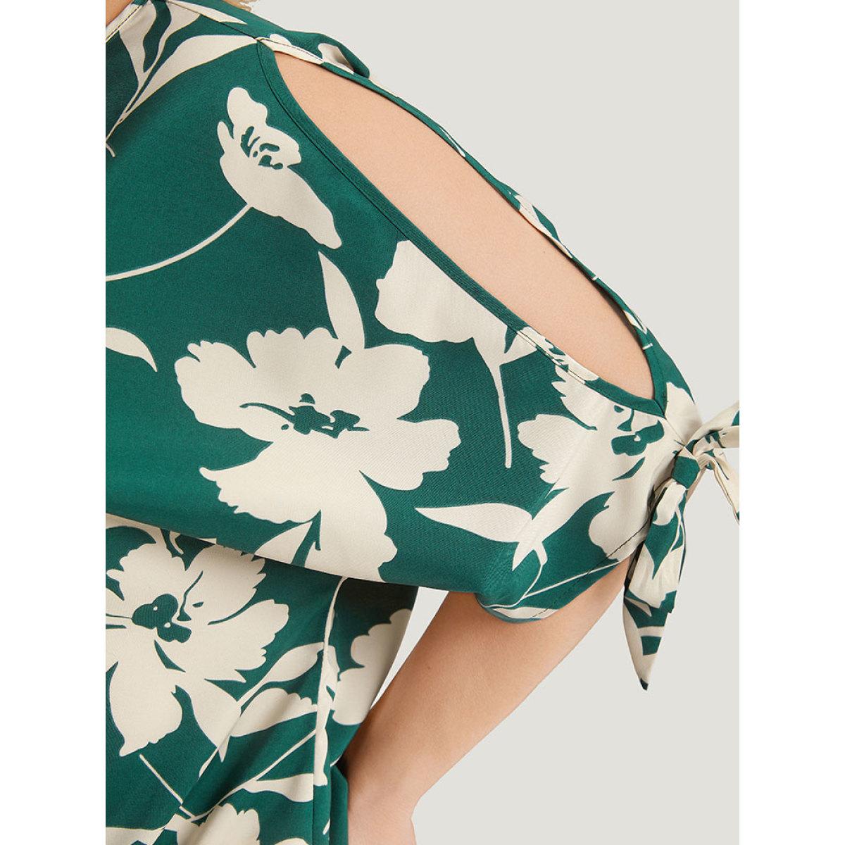 Plus Size Silhouette Floral Print Knotted Cut Out Round Neck Bodysuit Women Cyan Silhouette Floral Print Printed Bodysuits BloomChic 30/6X Product Image