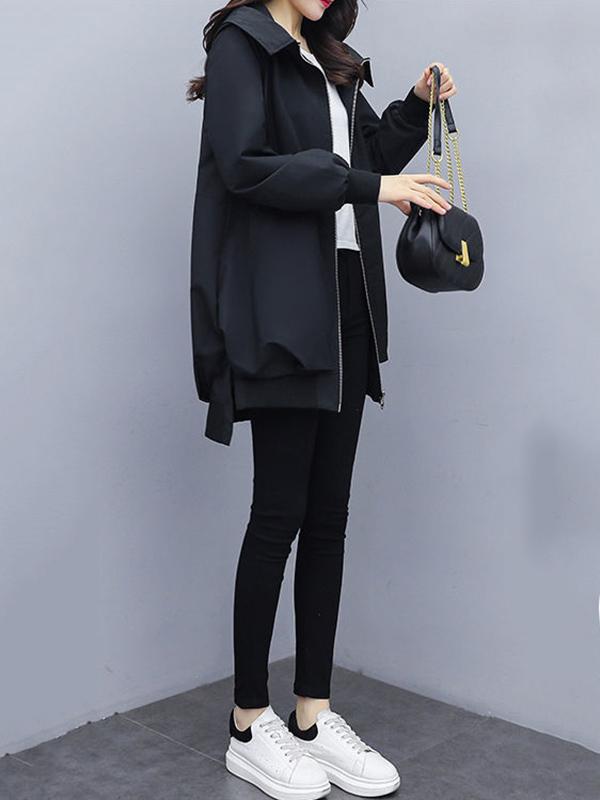 Casual Loose 4 Colors Pleated Zipper Hooded Long Sleeves Outwear Product Image