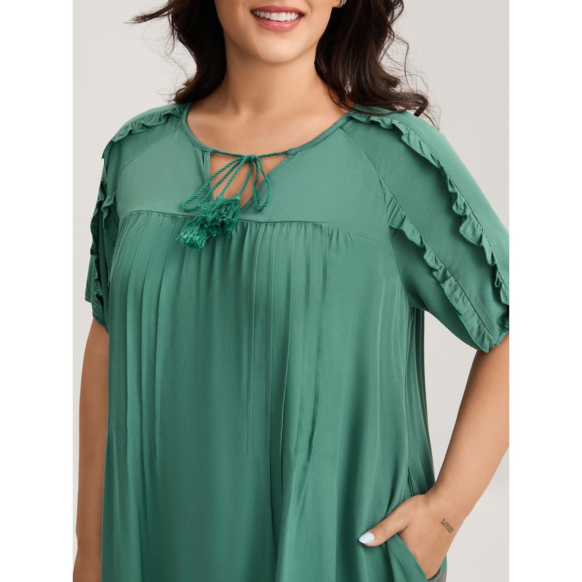 Plus Size Rayon Neck-Tie Pleated Midi Dress Teal Women Notched collar Short sleeve Curvy BloomChic 26/4X Product Image