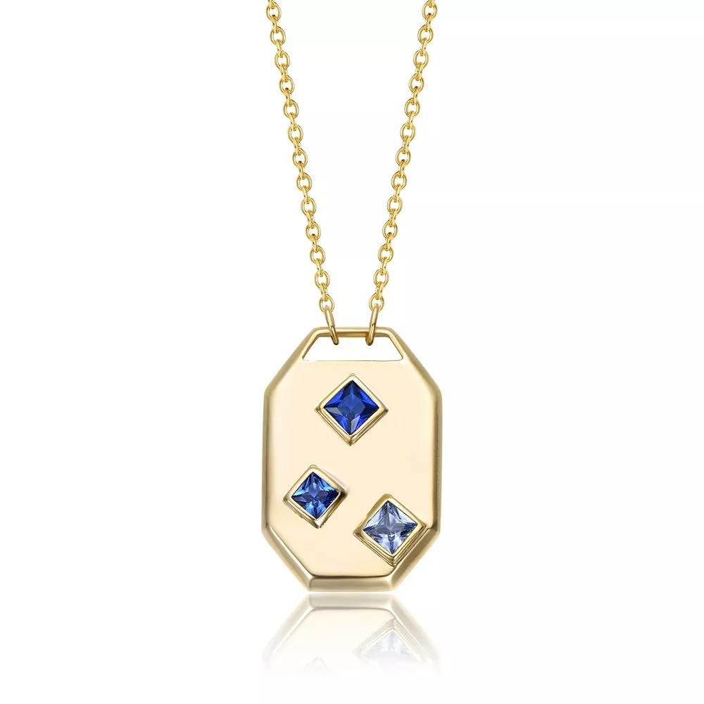 14k Gold Plated Blue Cubic Zirconia Geometric Dog Tag Pendant Necklace, Womens Gold Tone Product Image