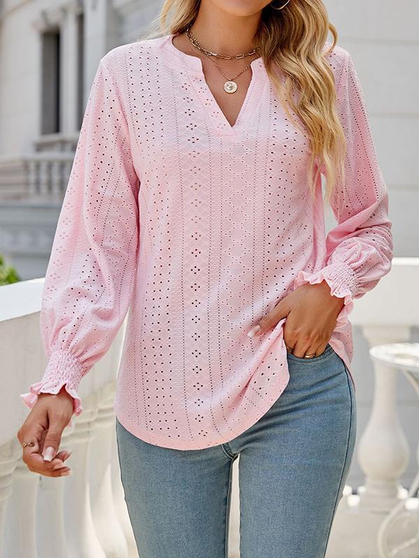 Long Sleeves Loose Elasticity Hollow Solid Color V-Neck T-Shirts Tops Product Image
