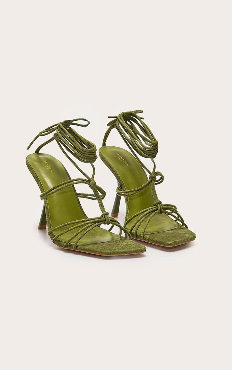 Green Wide Fit Pu Square Toe Knotted Strappy Lace Up Heeled Sandals Product Image