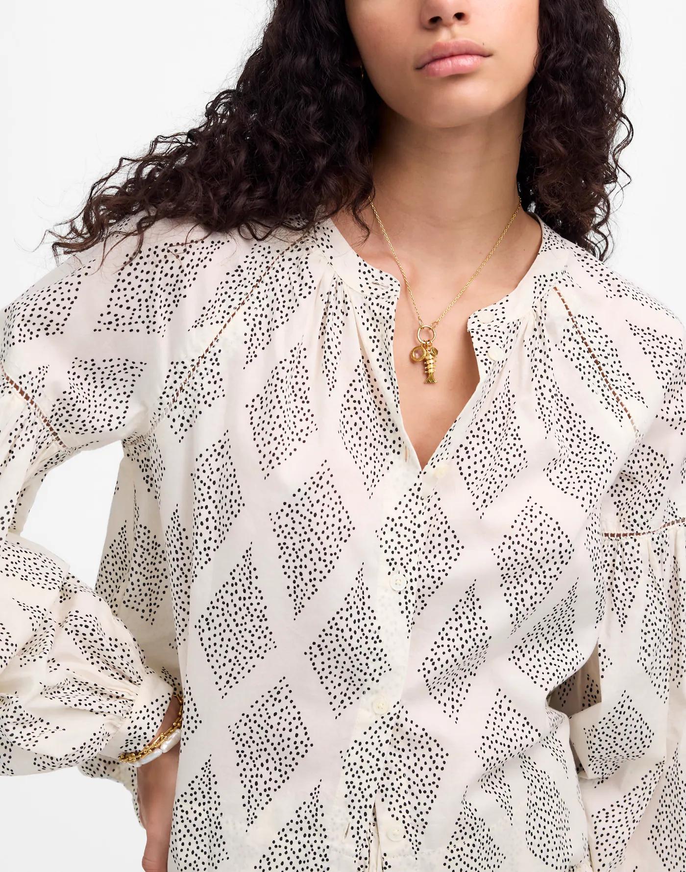 Shirred Balloon-Sleeve Top in Geometric Print Product Image