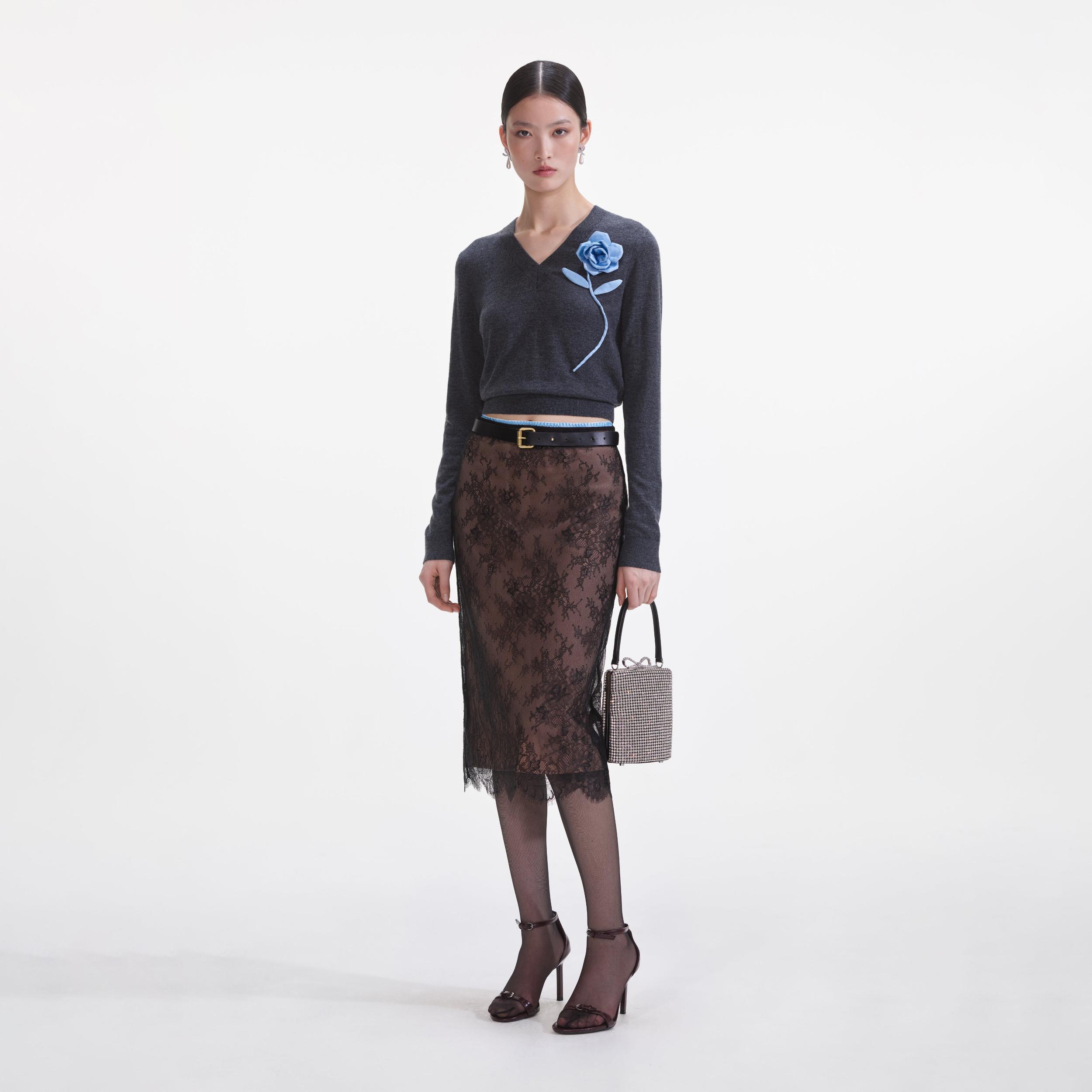 Black Lace Midi Skirt Product Image