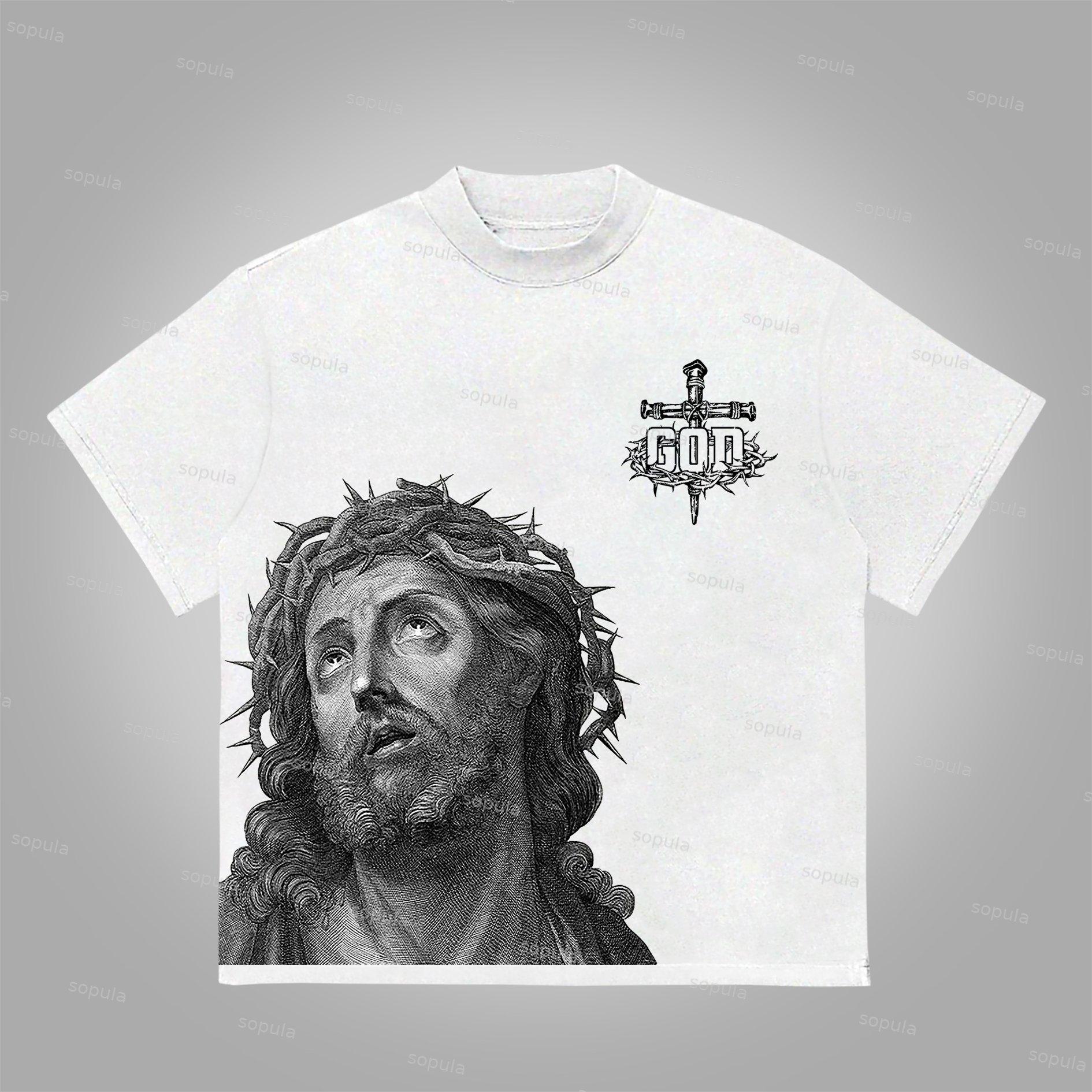 Sopula Jesus Portrait Cross Bible Graphic Print Cotton T-Shirt Product Image