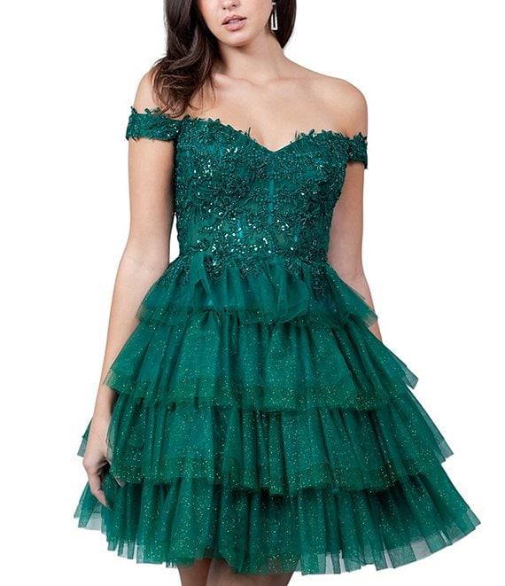 Cinderella Couture Off-The-Shoulder Beaded Sequin Tiered Ruffle Lace Up Back Fit-And-Flare Dress Product Image