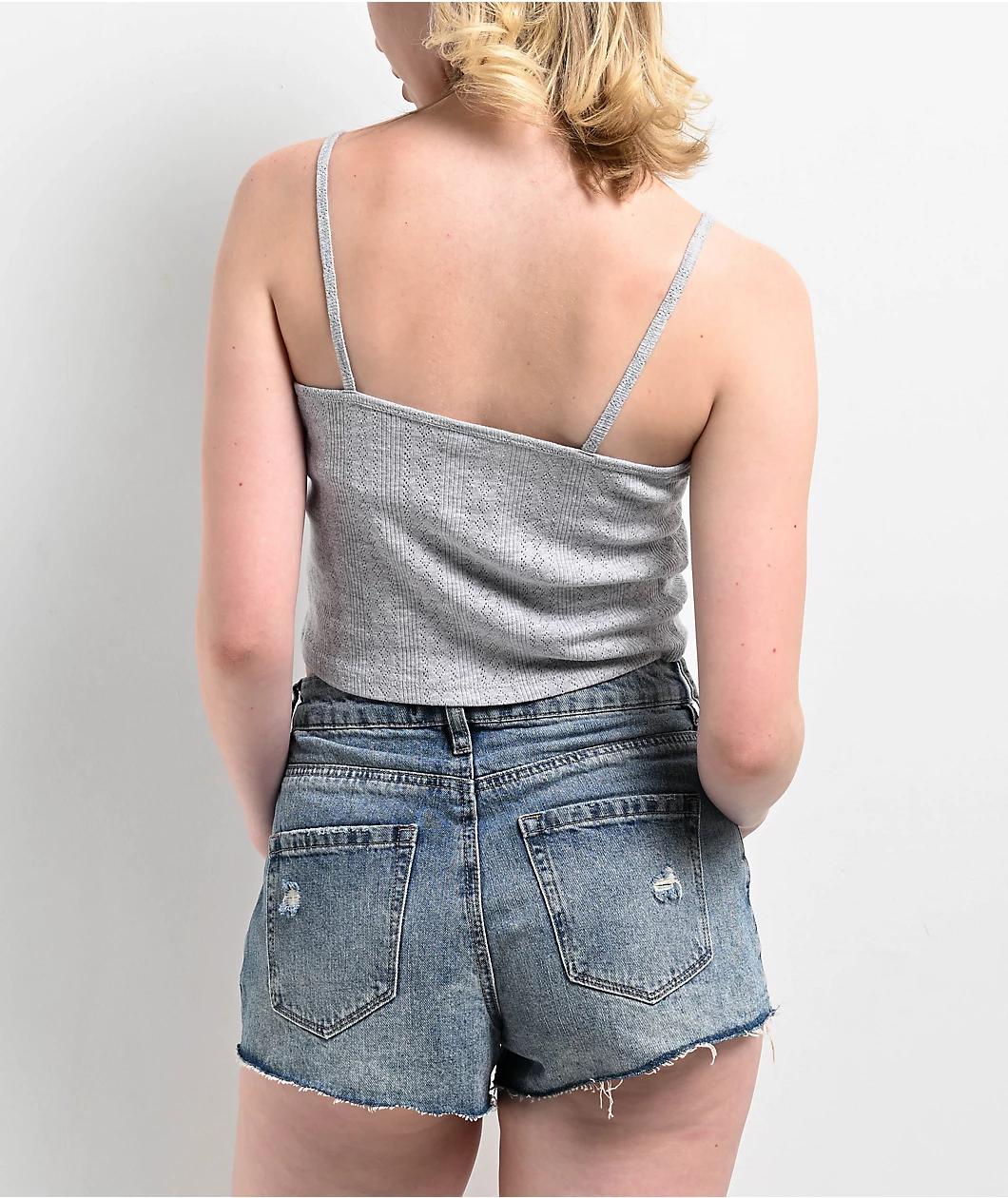 Zine Mary Pointelle Grey Crop Tank Top Product Image