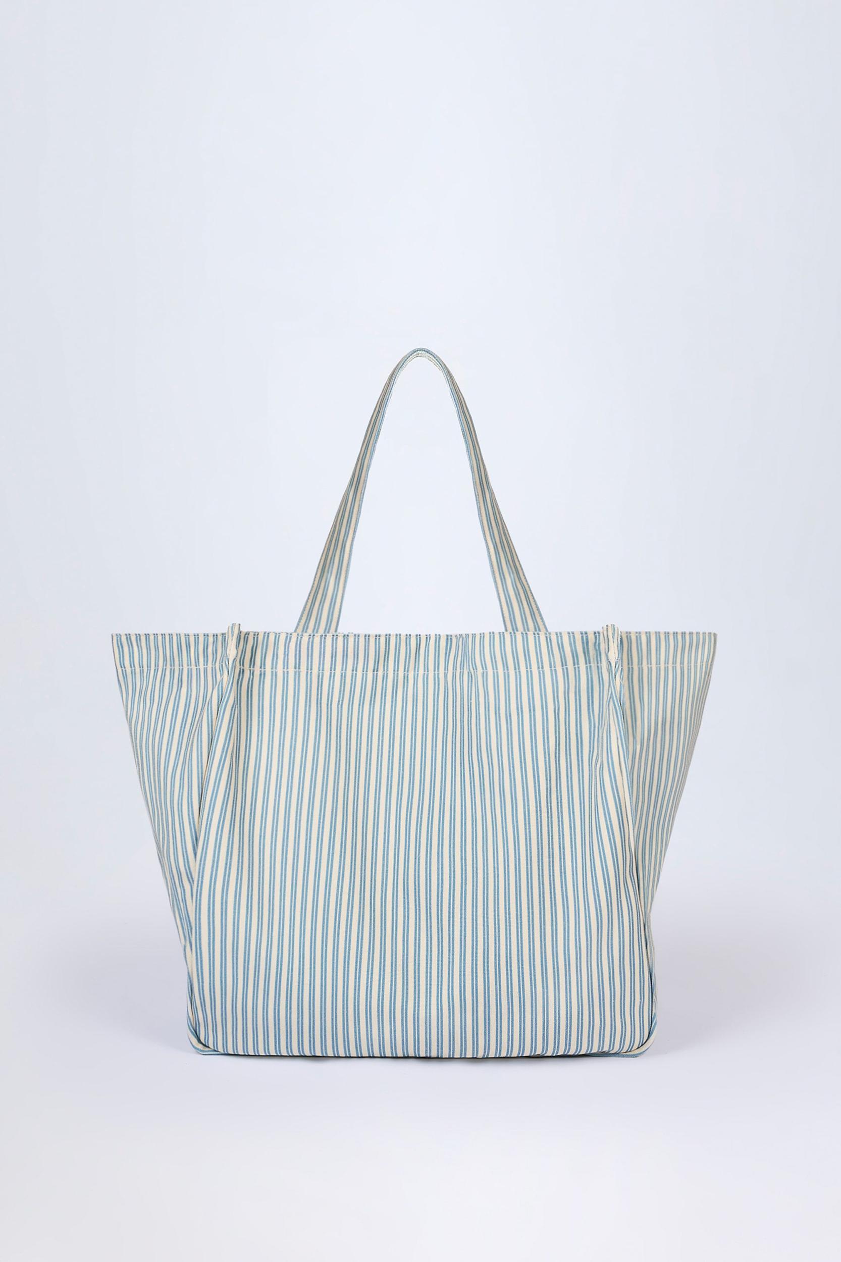Oversized Canvas Tote Bag in Teal Blue Double Stripe Product Image