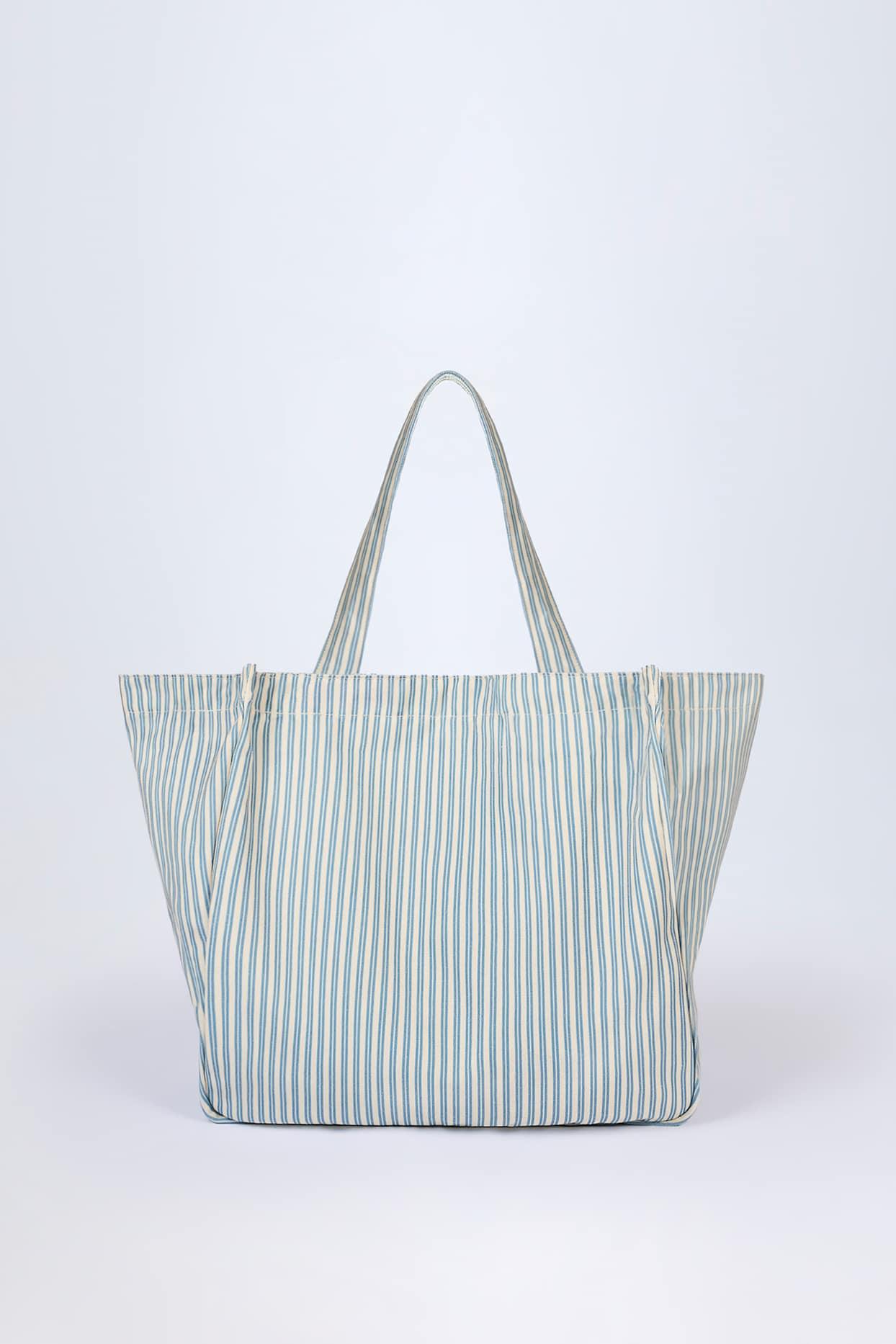 Oversized Canvas Tote Bag in Teal Blue Double Stripe Product Image