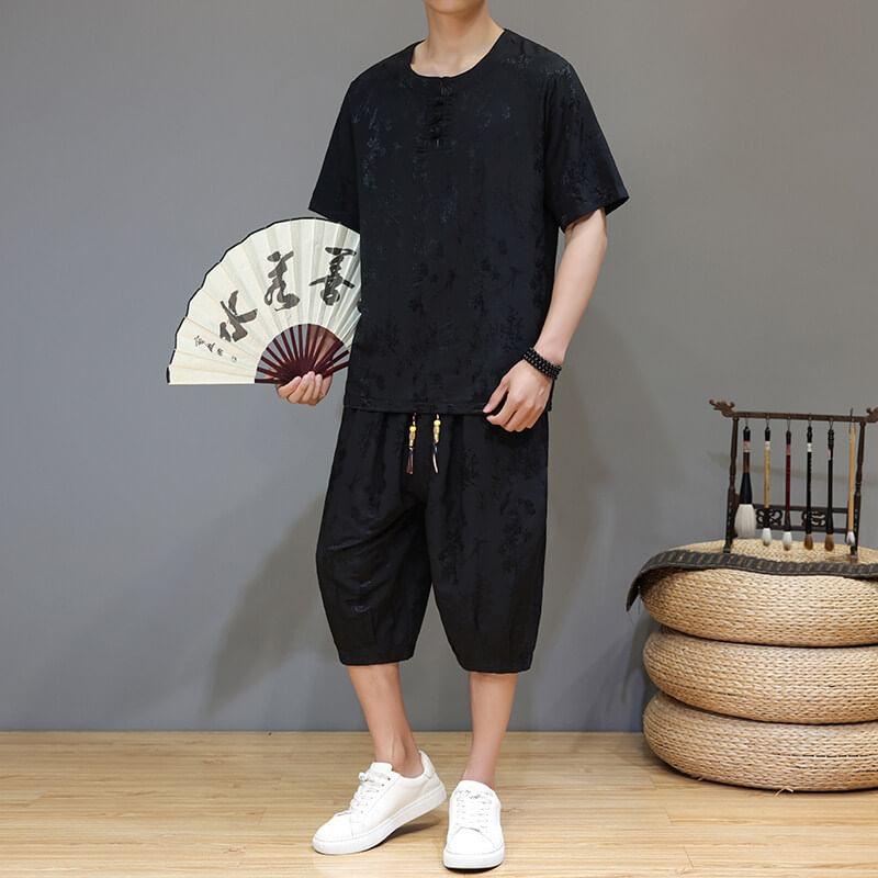 Set: Short Sleeve Round Neck Frog Closure Jacquard Top + Drawstring Waist Capri Tapered Pants Product Image
