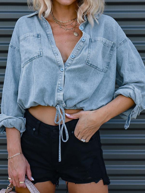 Vintage Dual Pocket Drawstring Denim Blouses&Shirts Product Image