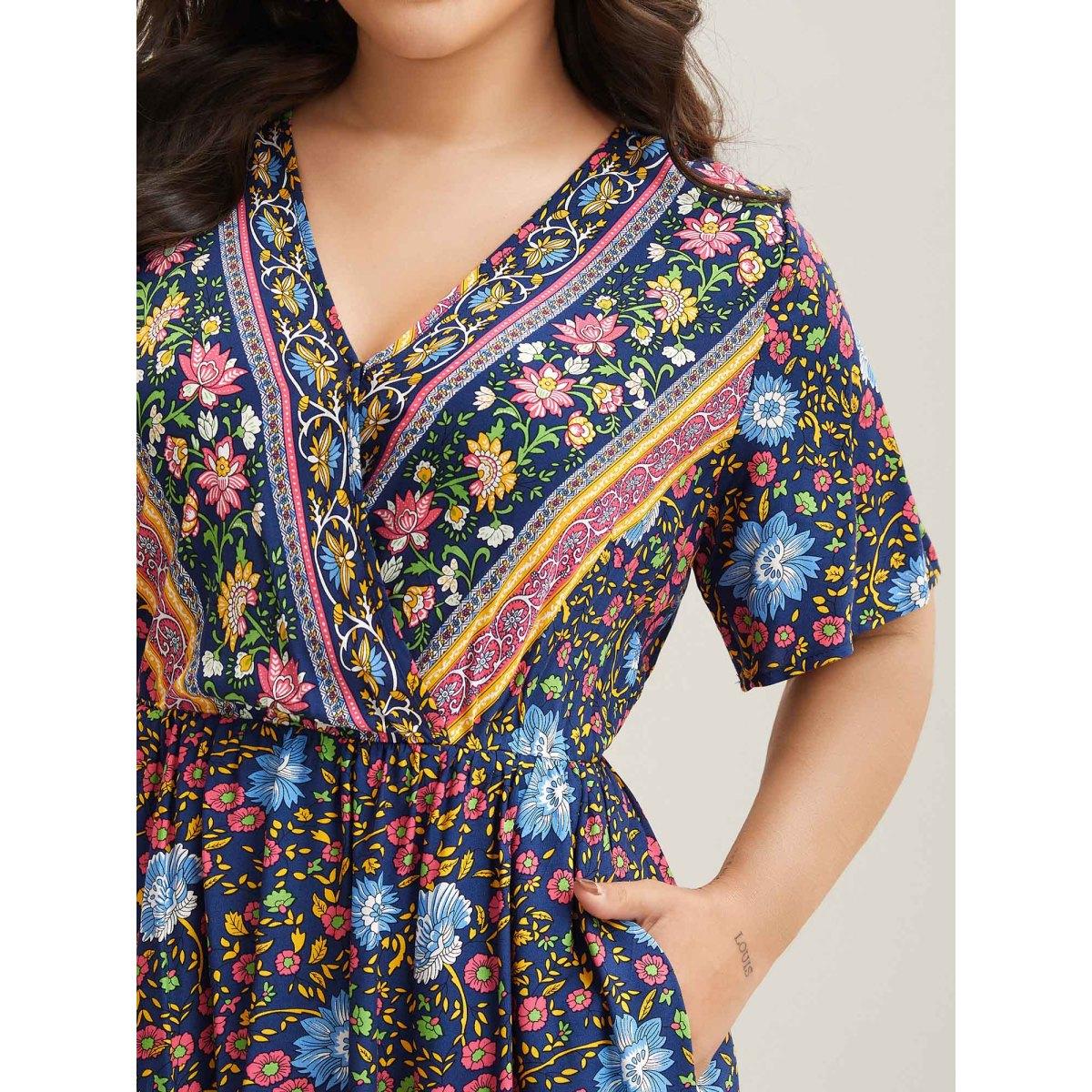 Plus Size Rayon Floral Print Stretchy Waist Midi Dress Indigo Women Slit Overlap Collar Short sleeve Curvy BloomChic 22-24/3X Product Image