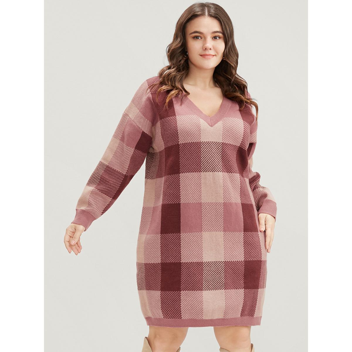 Plus Size Plaid Contrast Pointelle Knit V Neck Sweater Dress Burgundy Women Elegant Long Sleeve Dailywear Sweater Dresses BloomChic 26/4X Product Image
