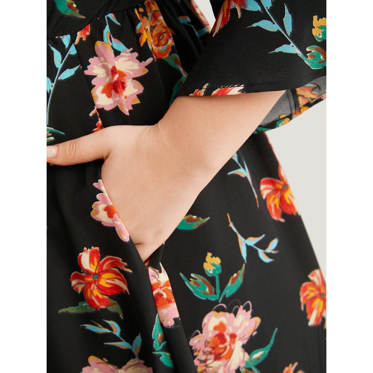 Plus Size Floral Bell Sleeve Pocket Lace Panel Dress Black Women Vacation Printed V-neck Elbow-length sleeve Curvy Midi Dress BloomChic 14-16/1X Product Image