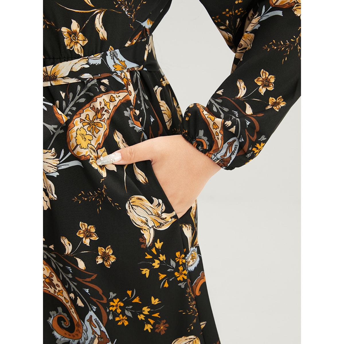 Plus Size Floral Pocket Lantern Sleeve V Neck Belted Maxi Dress Black Women Elegant Belted V-neck Long Sleeve Curvy Long Dress BloomChic 30/6X Product Image