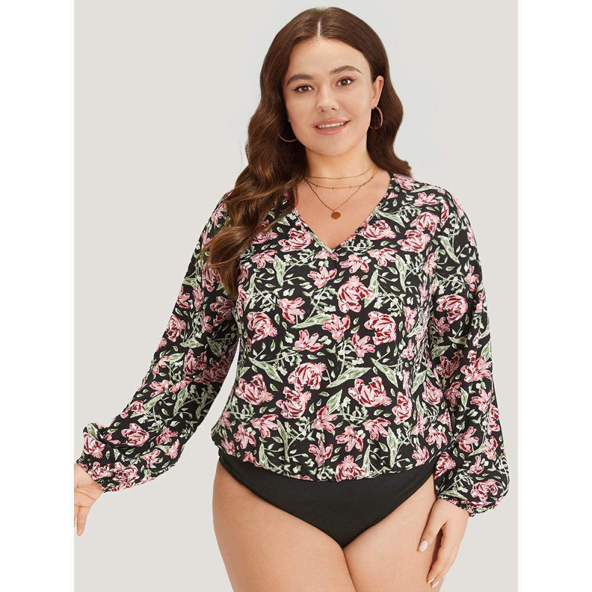 Plus Size Floral Print V Neck Elastic Waist Lantern Sleeve Bodysuit Women BlackFlower Natural Flowers Printed Bodysuits BloomChic 10/M Product Image