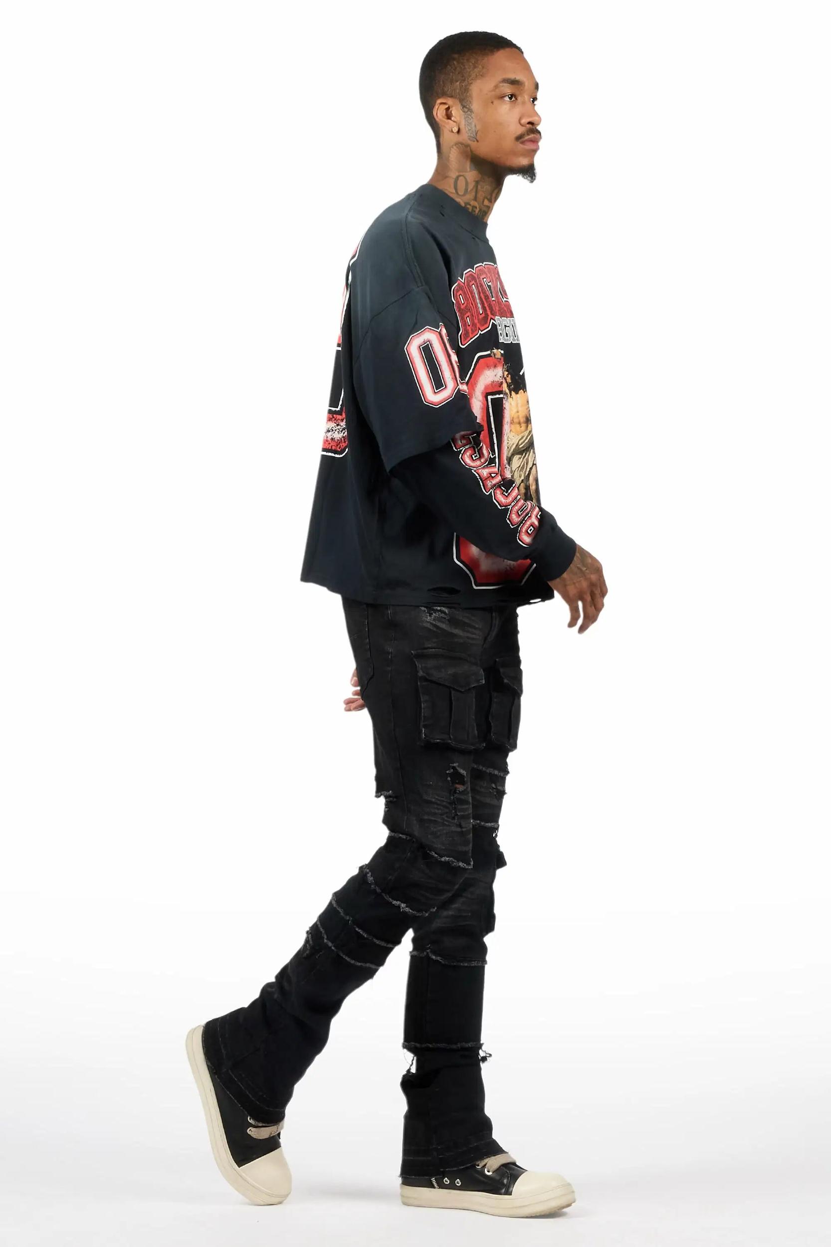 Folant Black Stacked Cargo Flare Jean Male Product Image