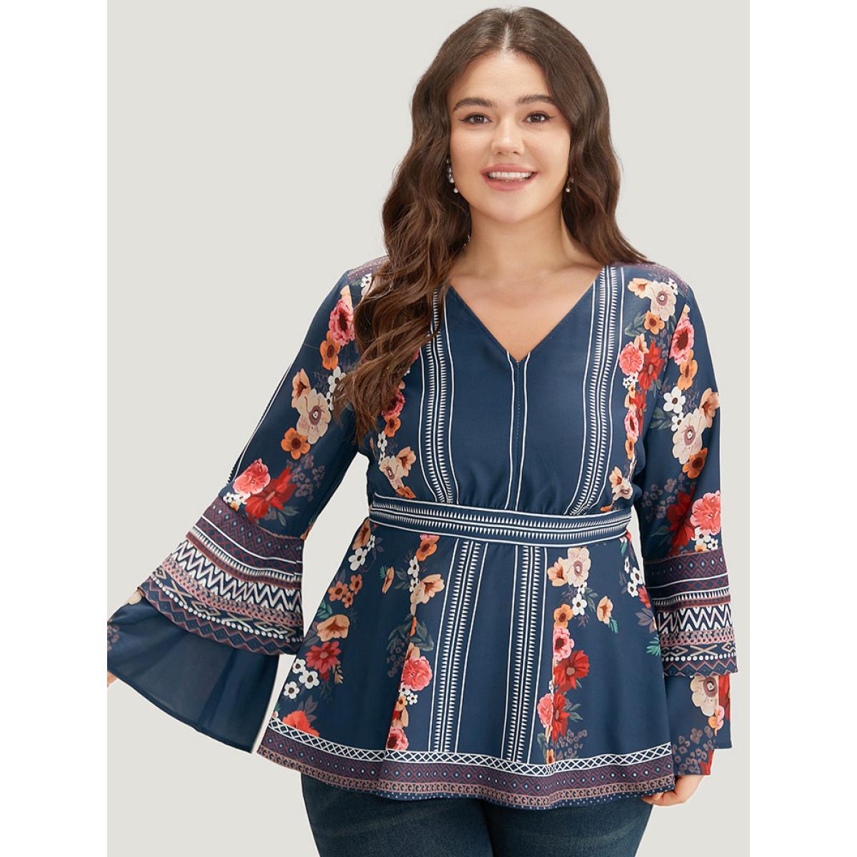 Plus Size Stone Boho Print V Neck Elastic Waist Bell Sleeve Blouse Women Vacation Long Sleeve V-neck Vacation Blouses BloomChic 28/5X Product Image