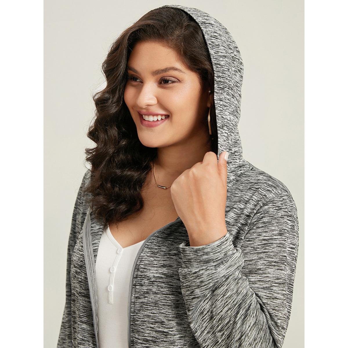 Plus Size Plain Heather Zipper Pocket Hooded Jacket Women DimGray Plain Pocket Dailywear Jackets BloomChic 10/M Product Image