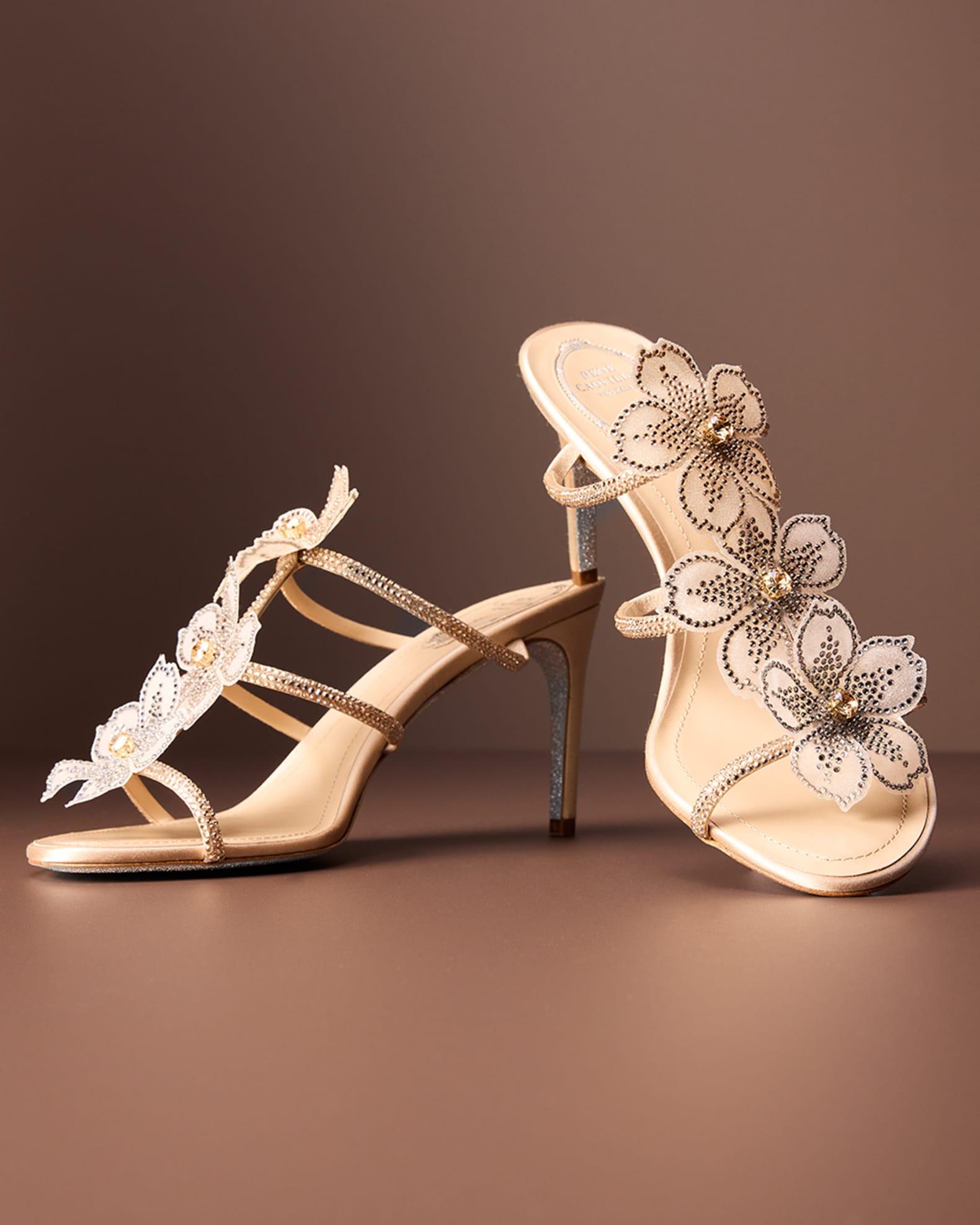 Floraine Crystal Flower Satin Cage Slide Sandals Product Image