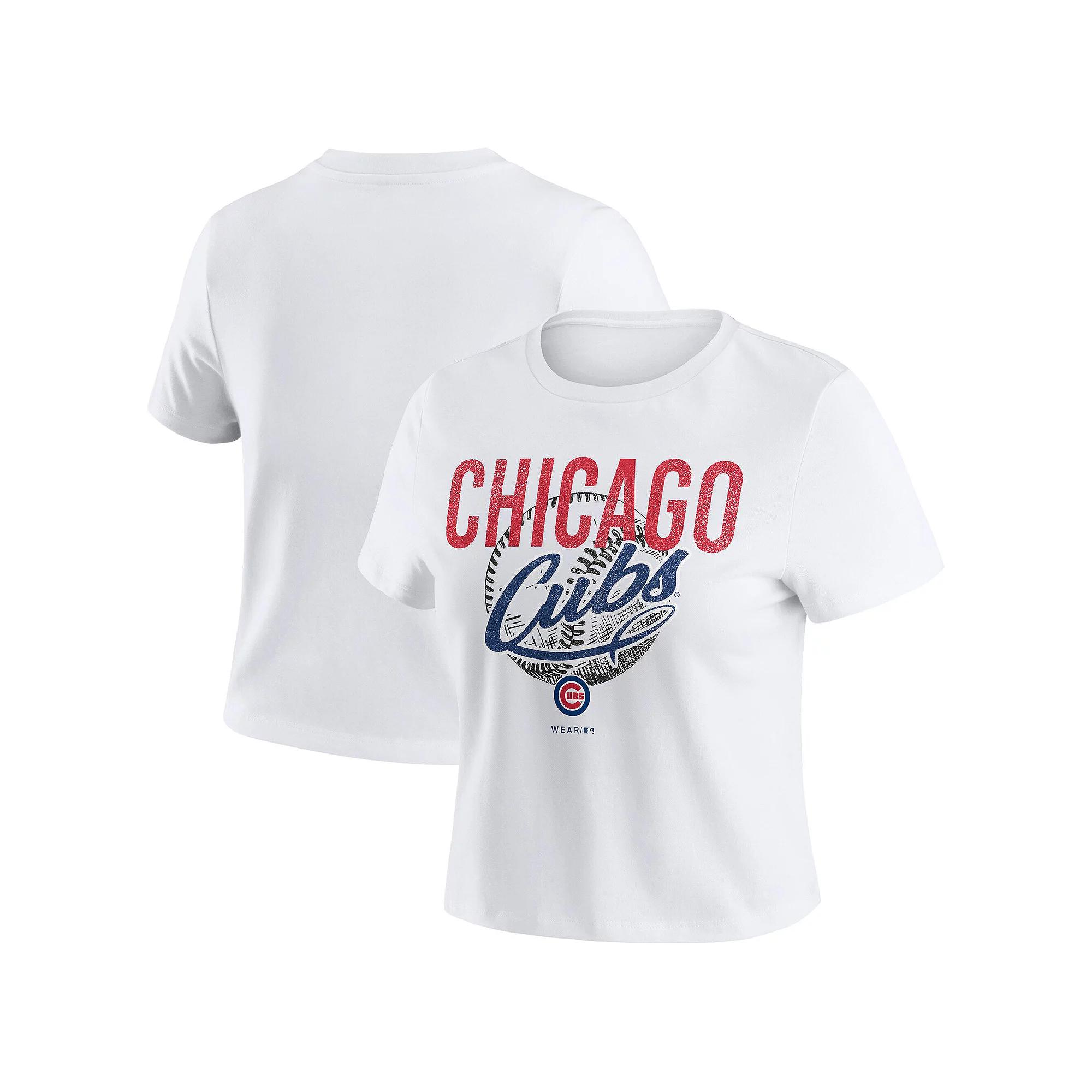 Women's WEAR by Erin Andrews  White Chicago Cubs Distressed Cropped Baby T-Shirt, Size: Large Product Image