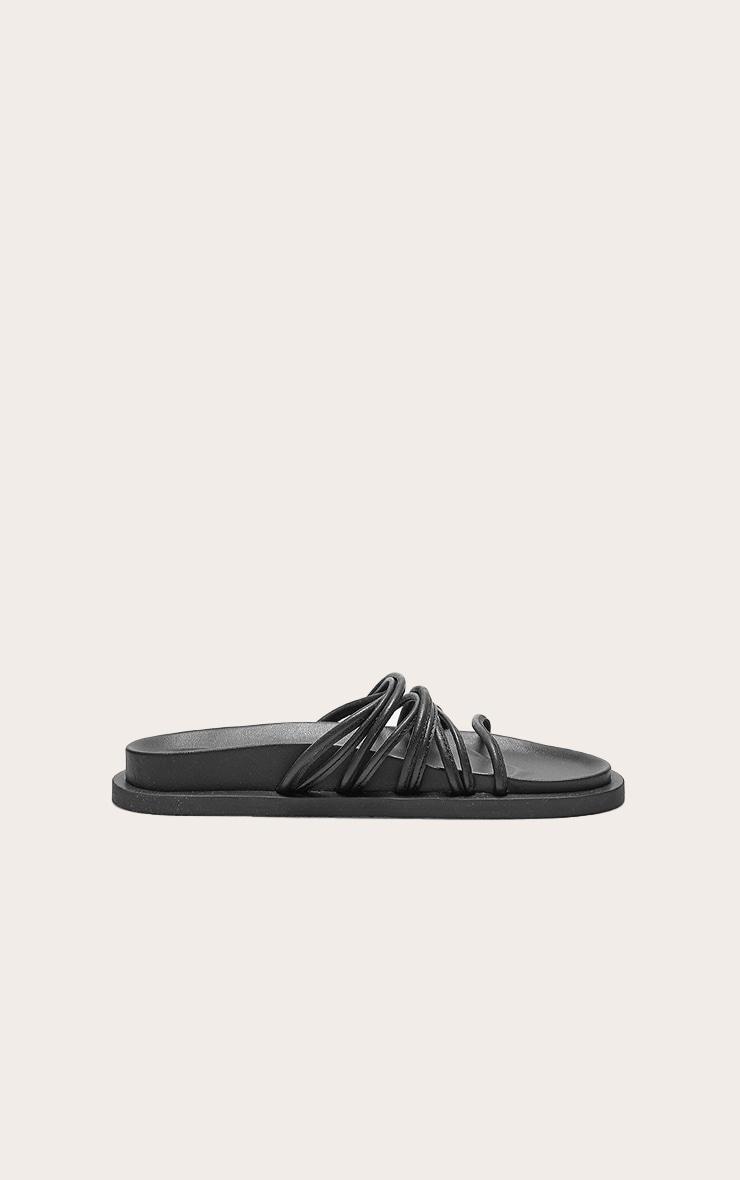 Black Real Leather Round Toe Strap Detail Footbed Sandals Product Image