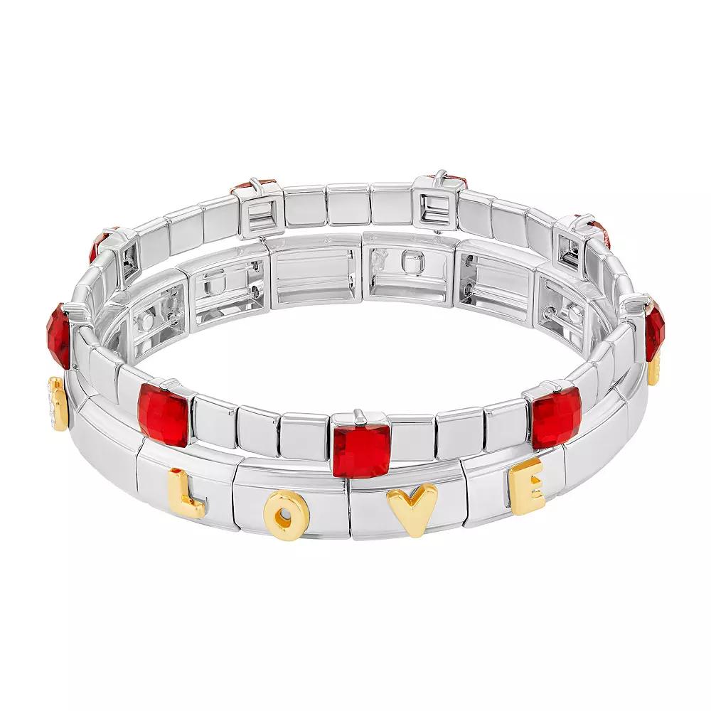 Brilliance Two Tone Red Glass Stone Double Stretch Bracelet Duo Set, Women's, Silver Tone Team Product Image