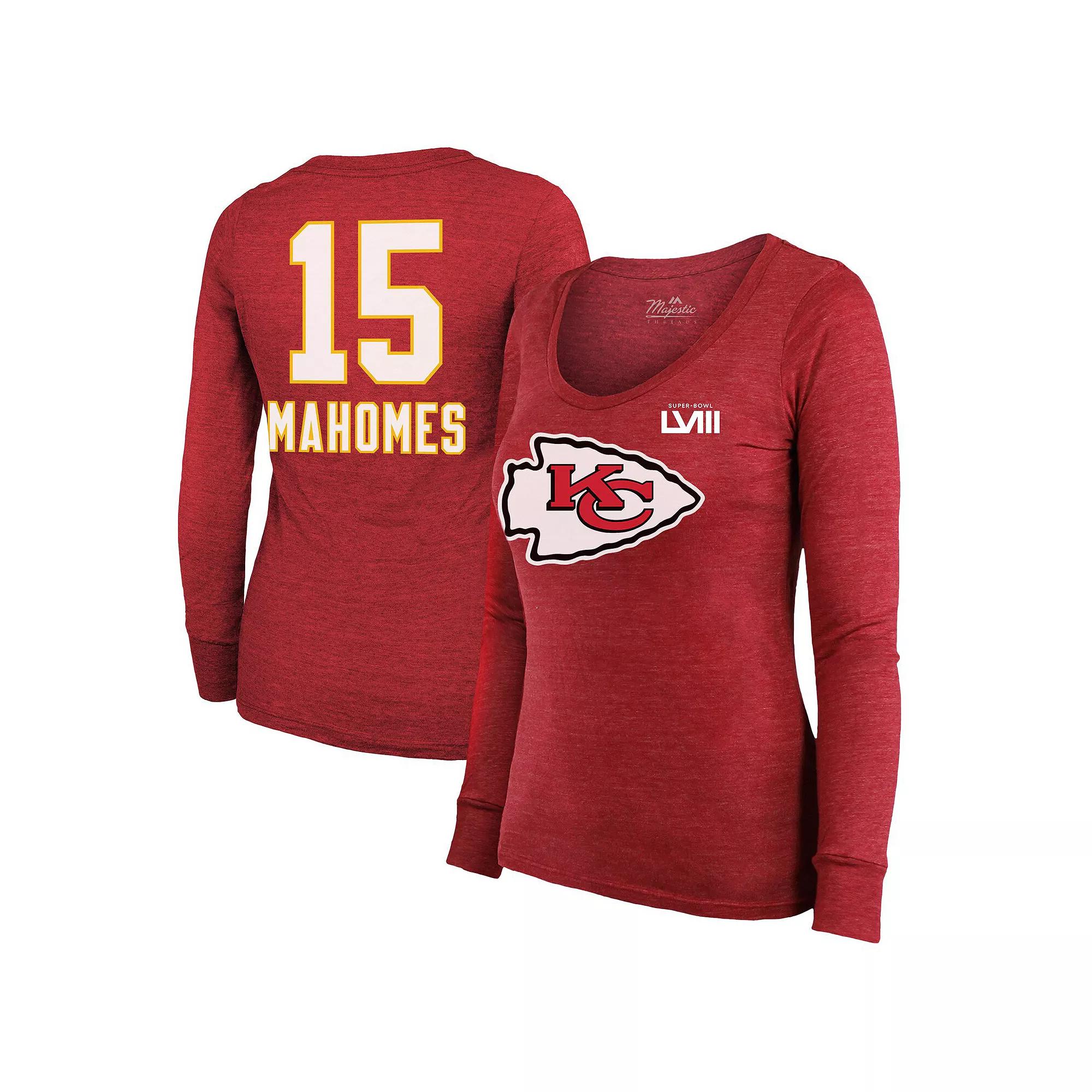 Women's Majestic Threads Patrick Mahomes Red Kansas City Chiefs Super Bowl LVIII Scoop Name & Number Tri-Blend Long Sleeve T-Shirt, Size: Small Product Image