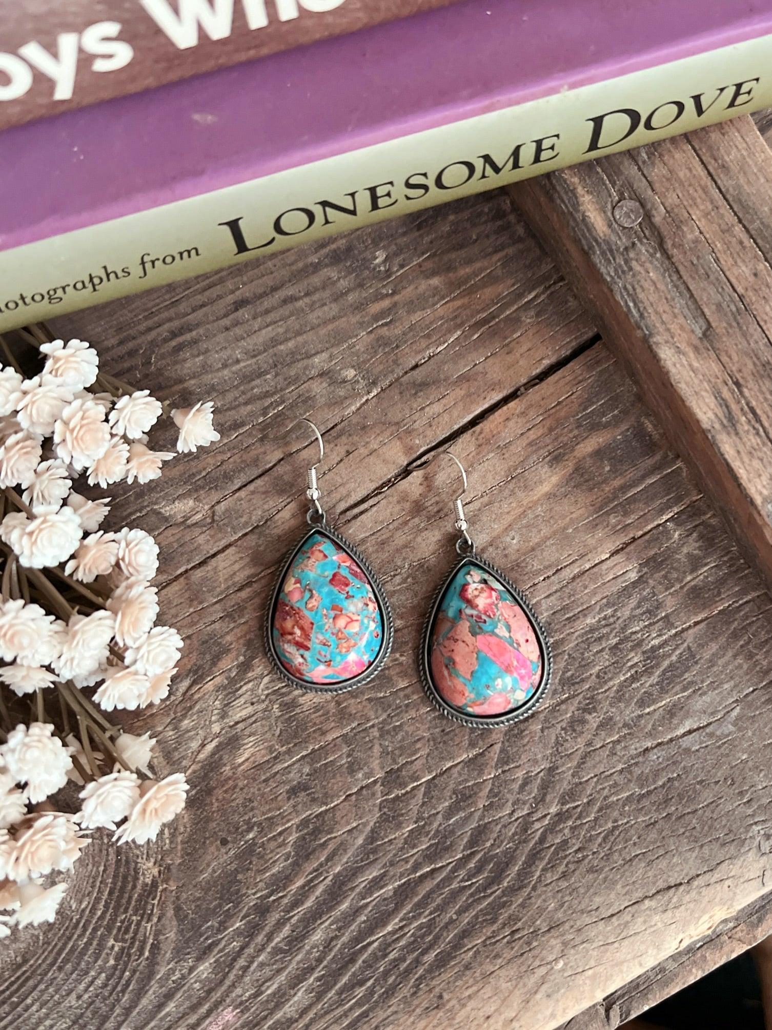 Big Tear Drop Stone Turquoise Dangle Earrings - 2 Colors Product Image