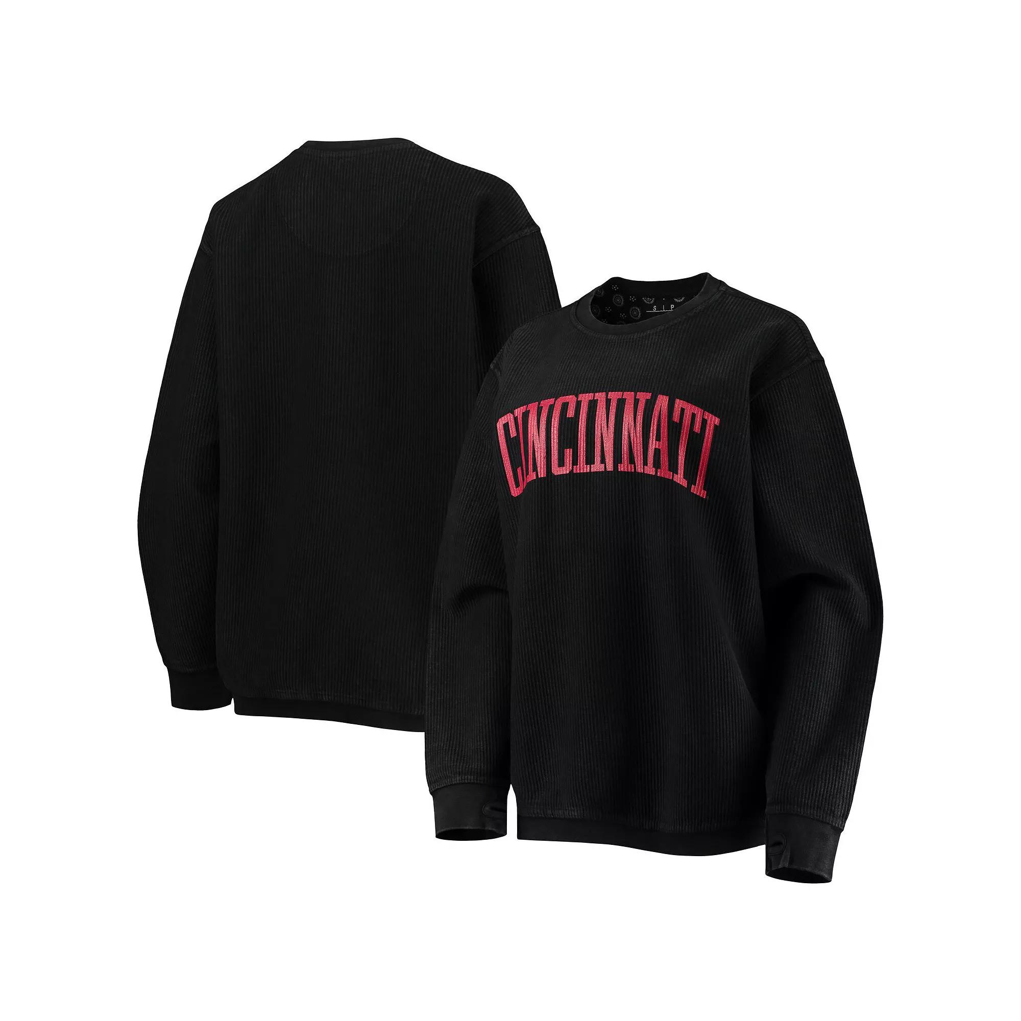 Women's Pressbox Black Cincinnati Bearcats Comfy Cord Vintage Wash Basic Arch Pullover Sweatshirt,  Product Image