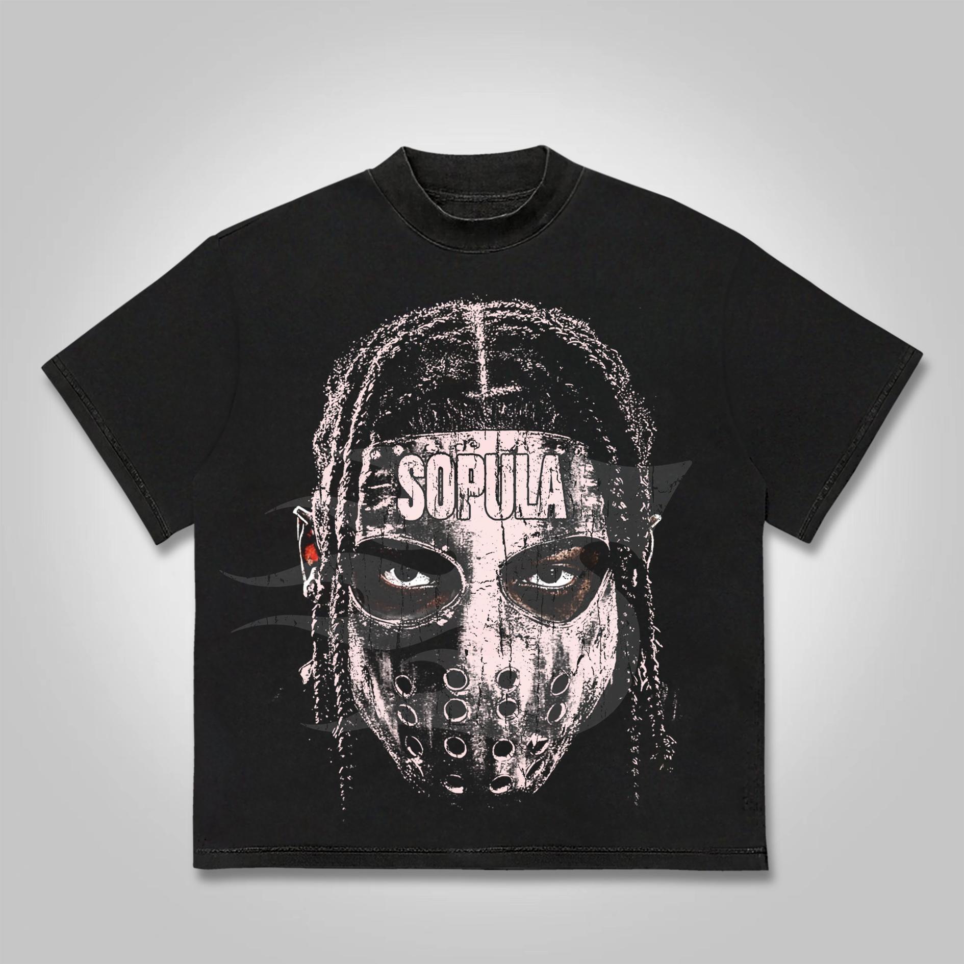 Sopula Vintage Street Dirty Braid Mask Character Big Head Graphic Cotton T-shirt Product Image