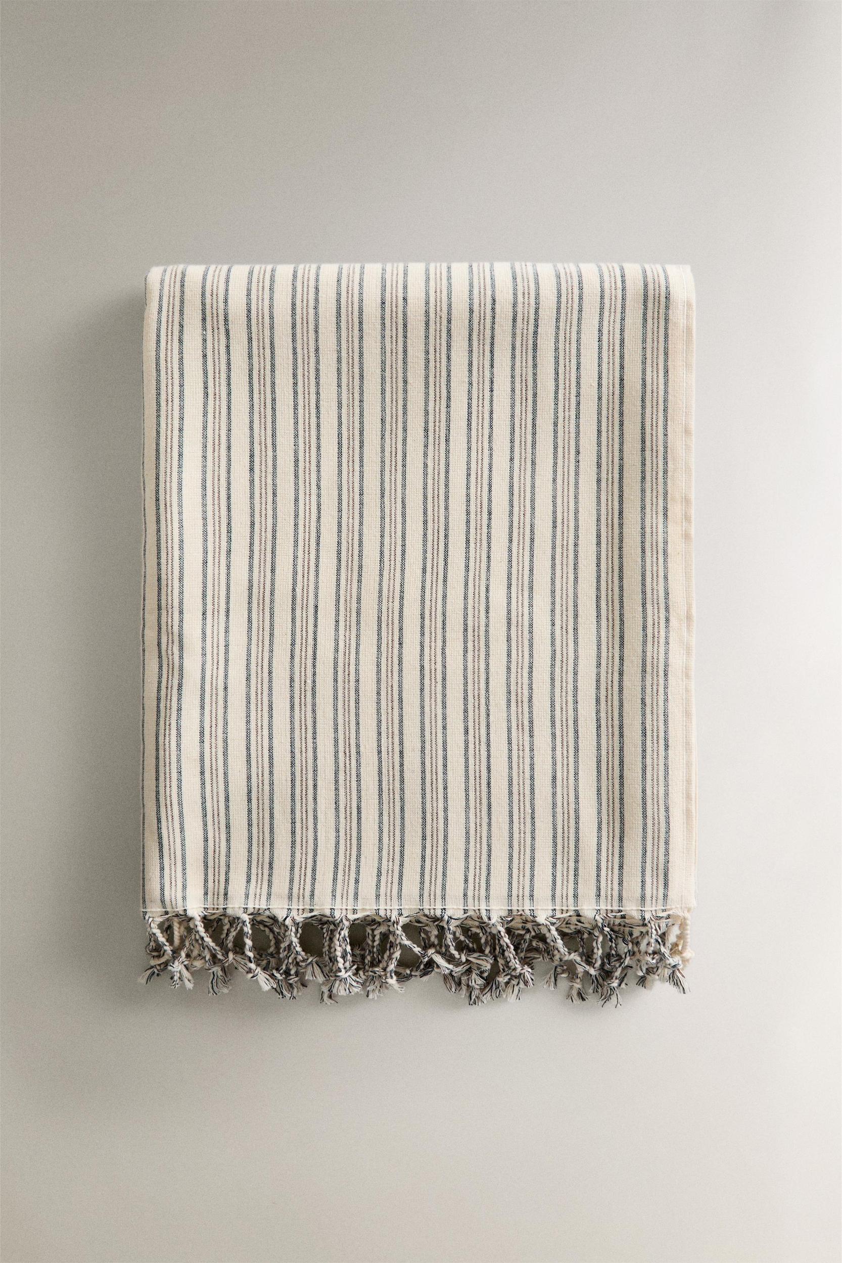 STRIPED COTTON BEACH TOWEL WITH FRINGING Product Image