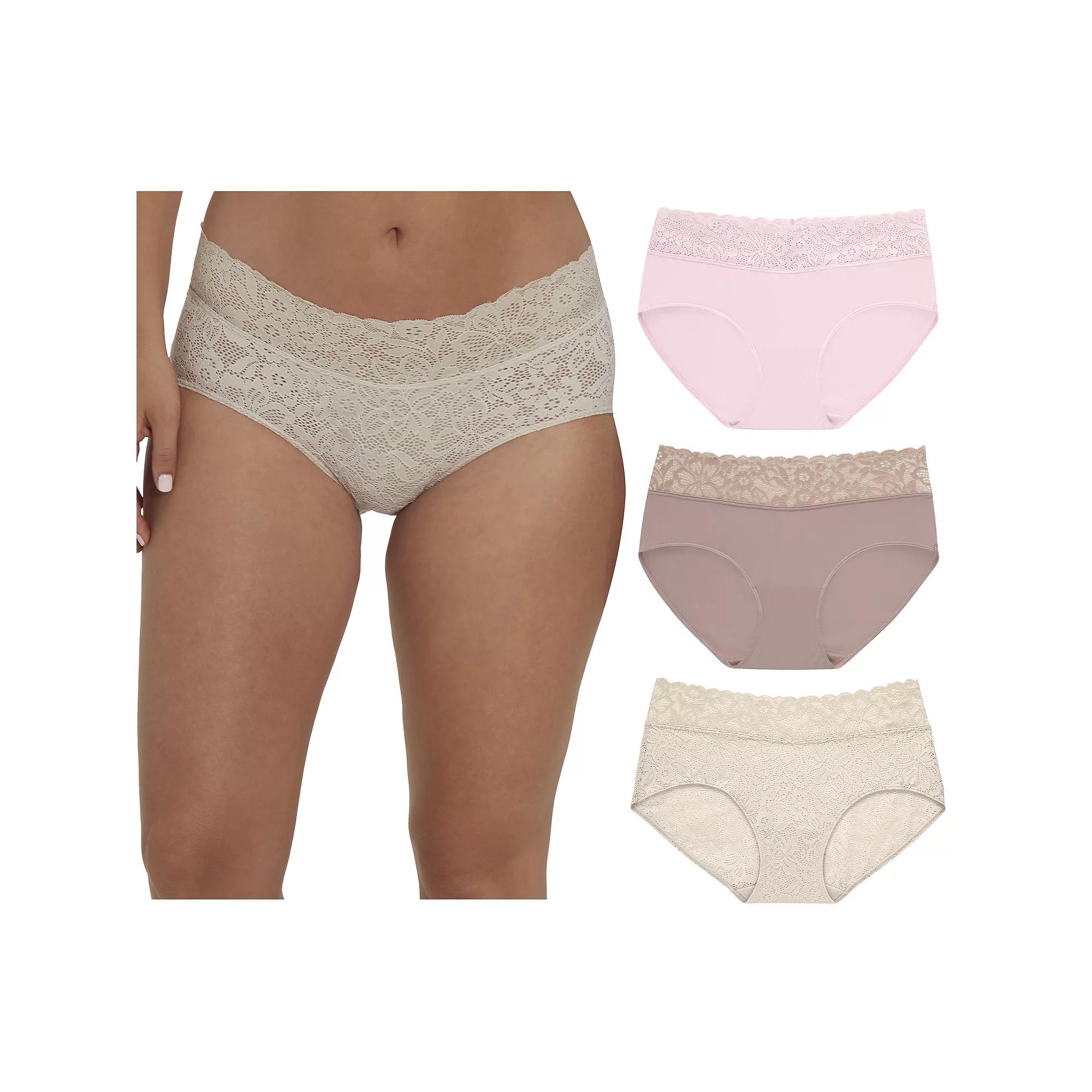 Maidenform Women's Perfect Fit Stretch Lace Hipster Underwear, 3-Pack DM3SLH, Size: XXL, Evening Blush Beige Product Image
