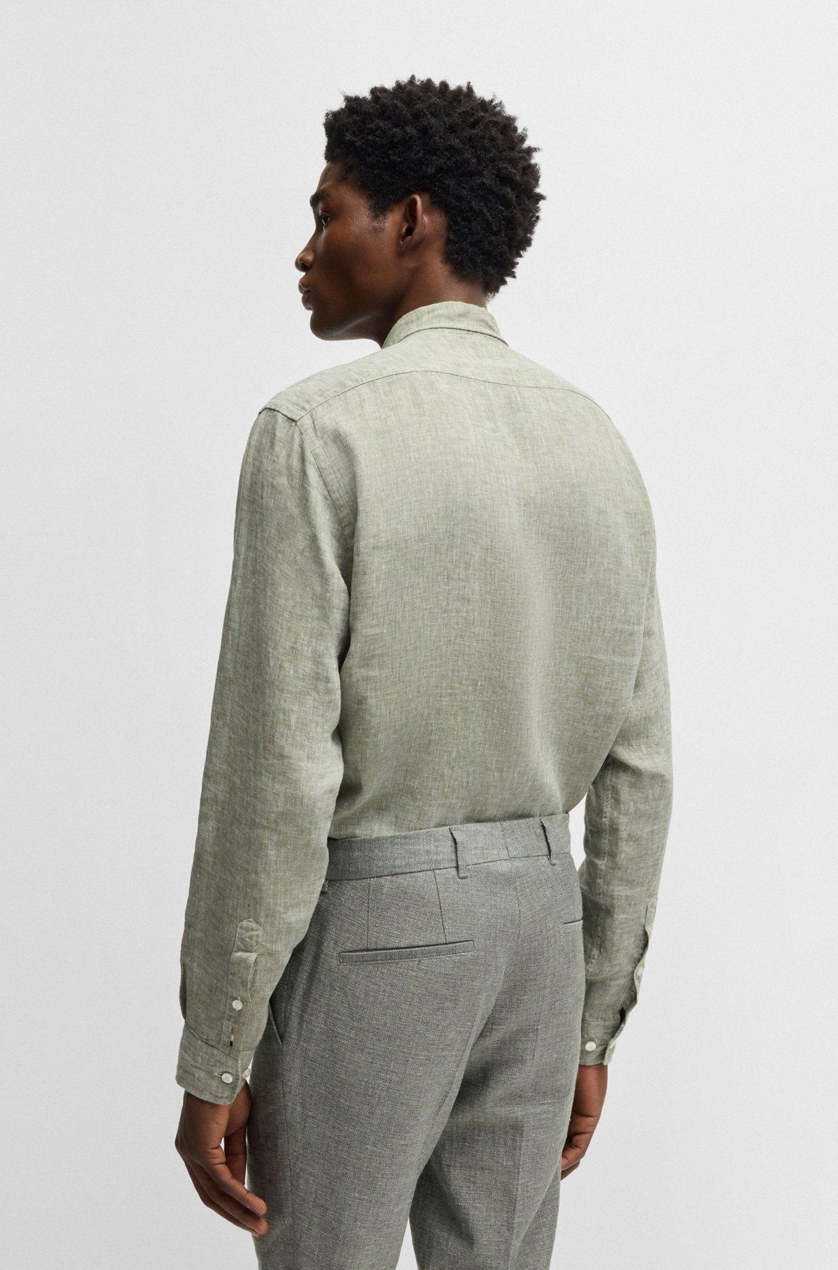 BOSS - Regular-fit button-down shirt in linen - Green Product Image