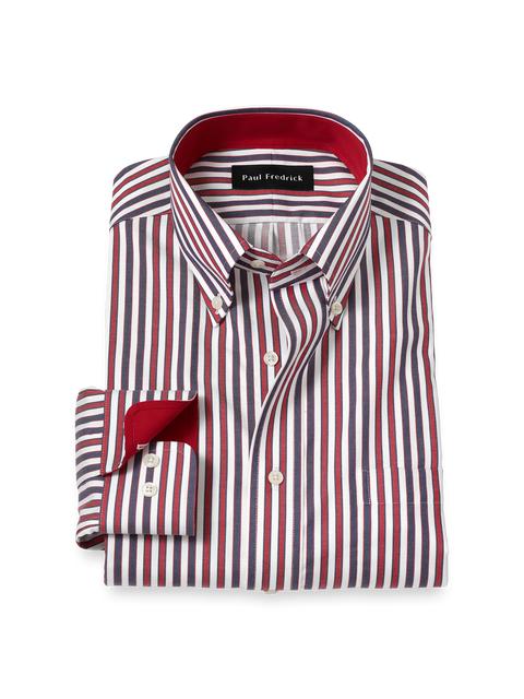 Non-Iron Cotton Stripe Dress Shirt With Contrast Trim - Navy/red Product Image