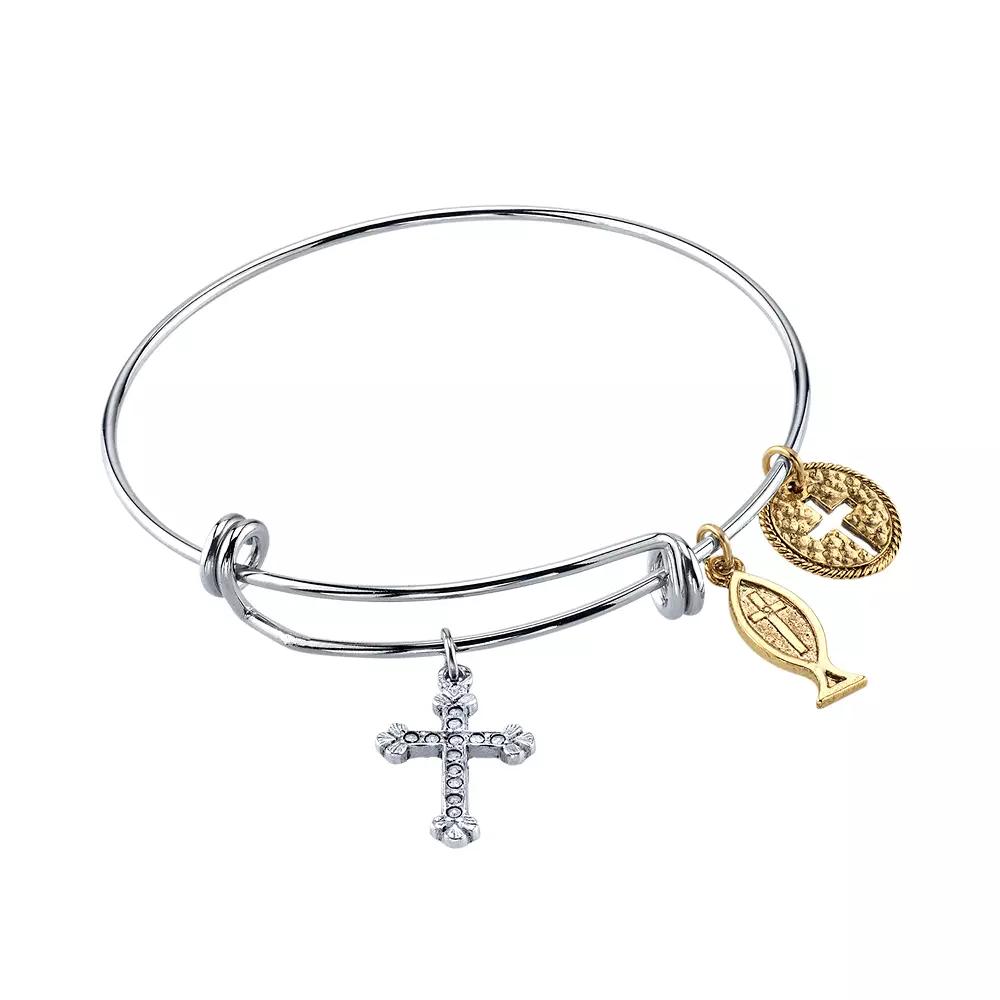 1928 14k Gold-Plated Cross Fish & Medallion Bangle Bracelet, Womens, Silver Tone Product Image
