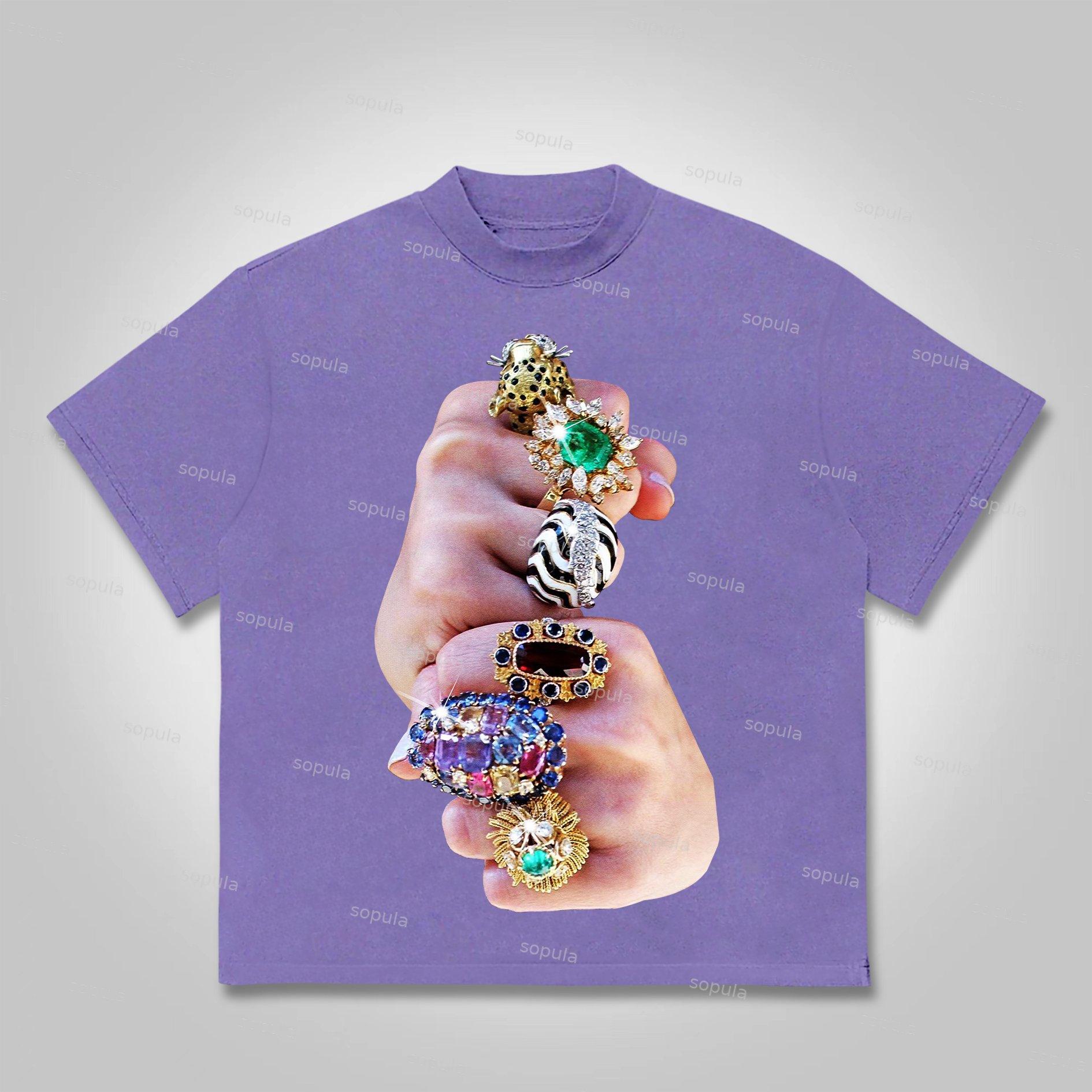Sopula Finger Graffiti Diamond Ring Print Cotton T-shirt Product Image