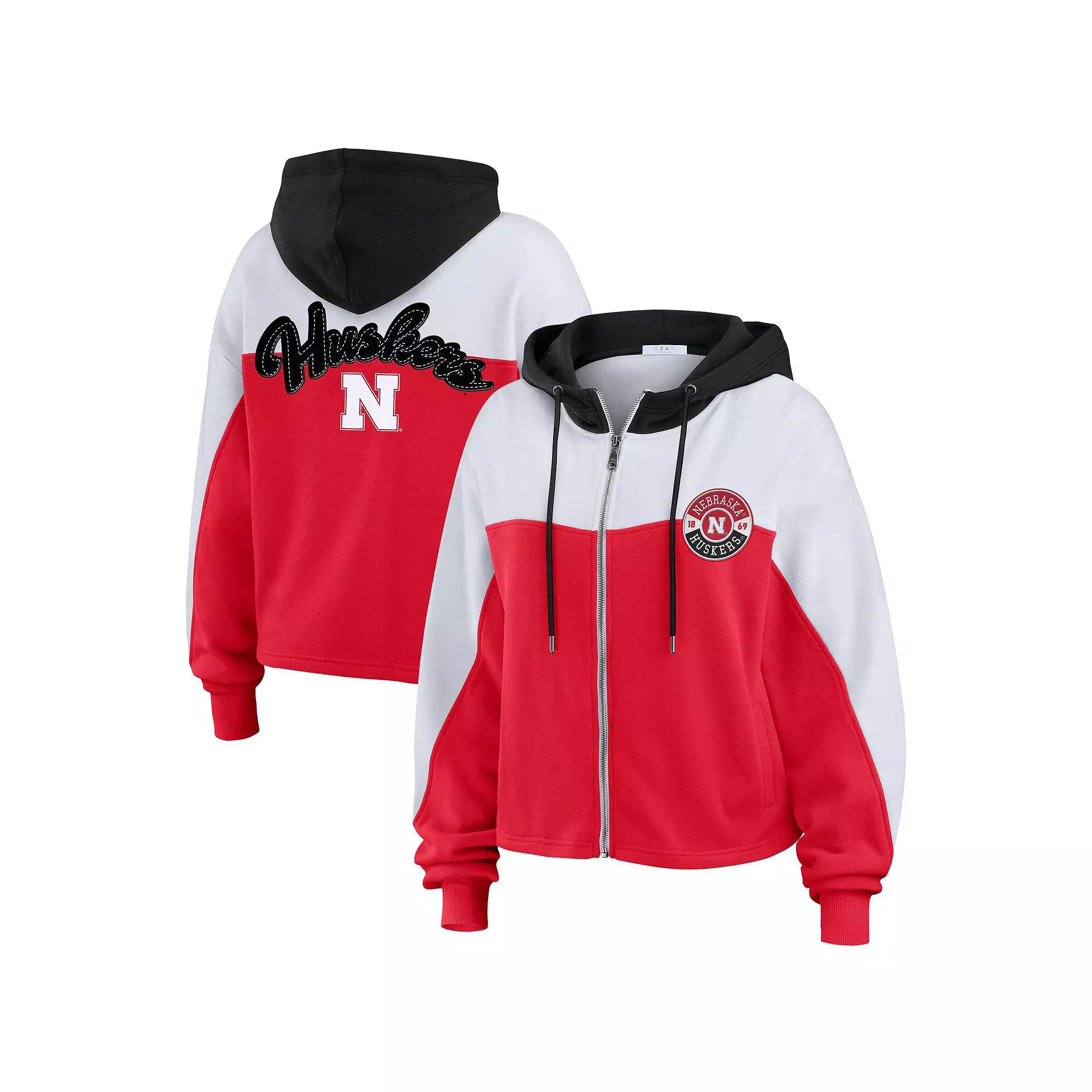 Women's WEAR by Erin Andrews Scarlet Nebraska Huskers Color-Block Full-Zip Hoodie, Size: Large, Red Product Image