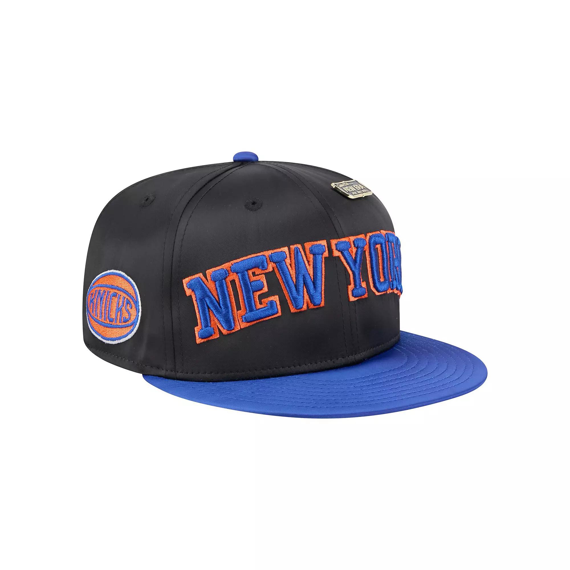 Men's New Era Black/Blue New York Knicks Throwback Satin Vintage Pin Two-Tone 59FIFTY Fitted Hat,  Product Image