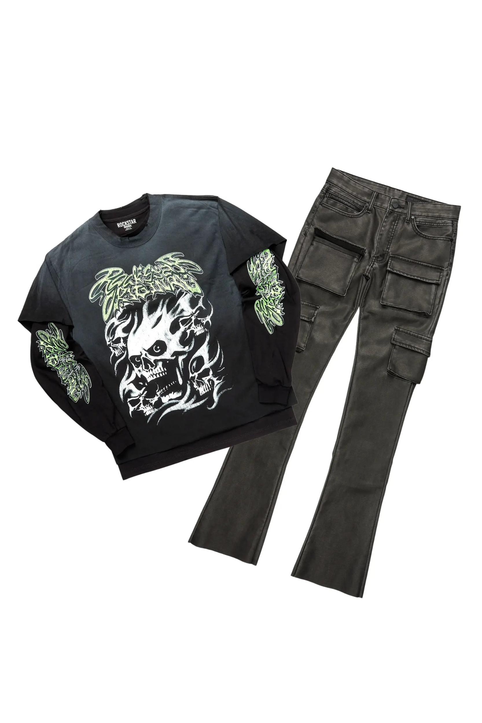 Schtupp Black Double Layer T-Shirt & Khaza Stacked Flare PU Jean Bundle Male Product Image