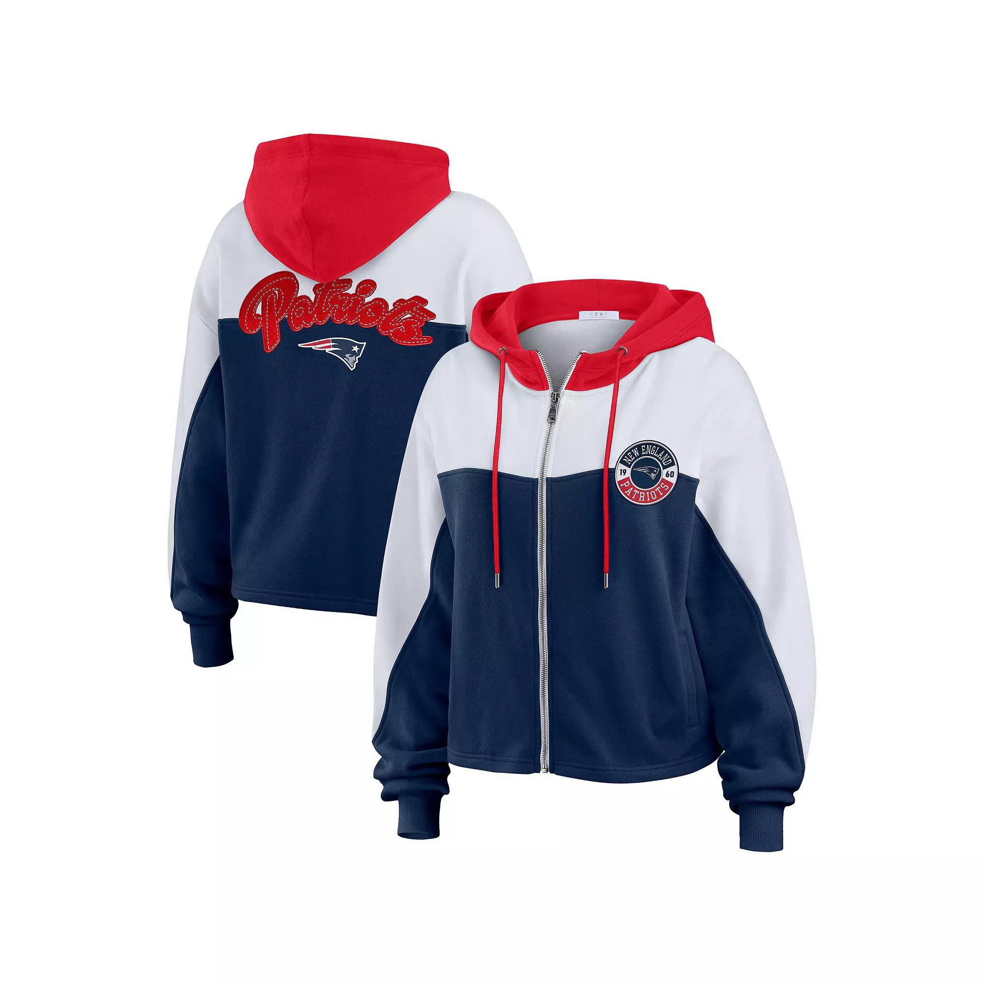 Women's WEAR by Erin Andrews Navy/White New England Patriots Color Block Full-Zip Hoodie,  Product Image