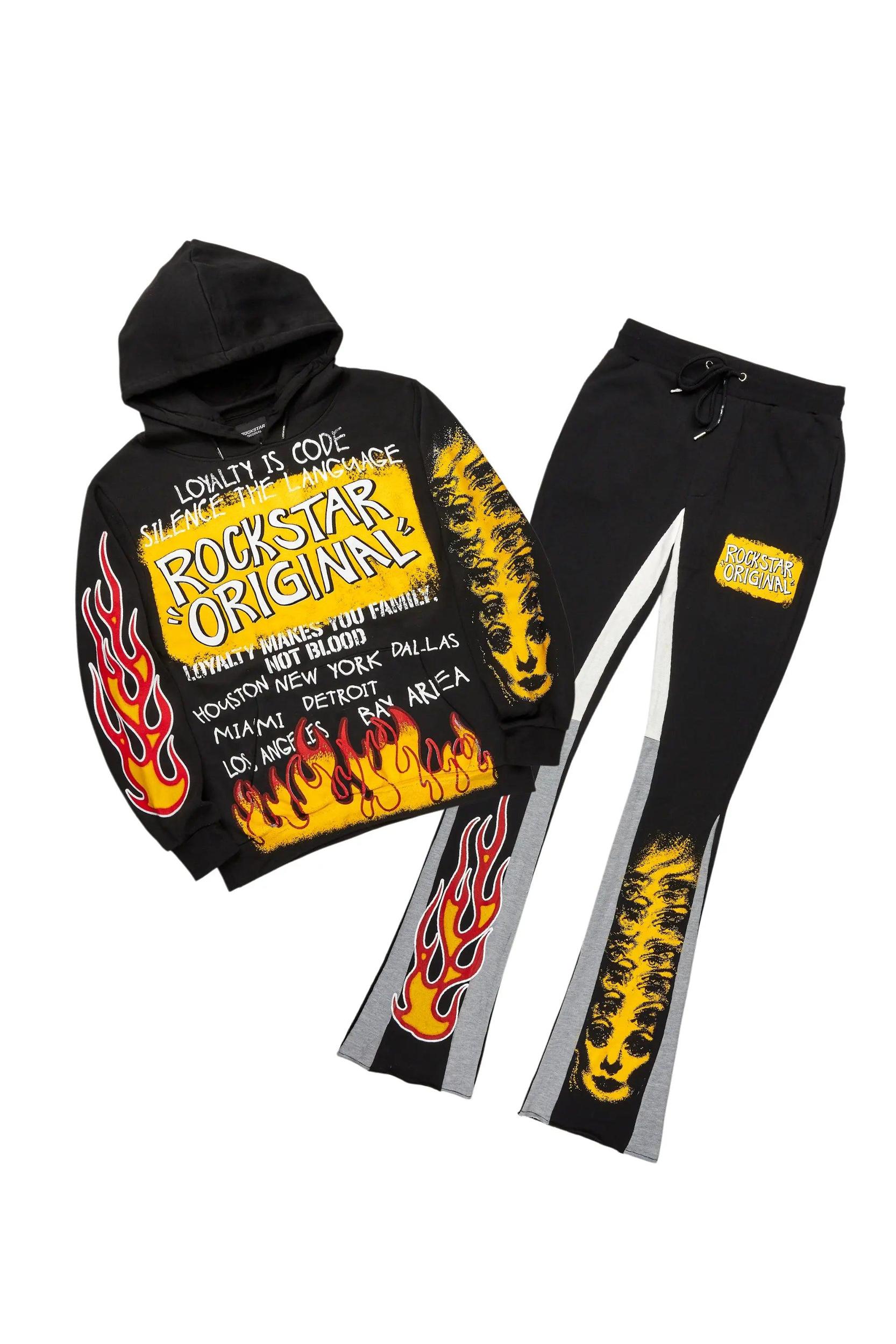 Beno Black/Yellow Stacked Flare Hoodie Track Set Male Product Image