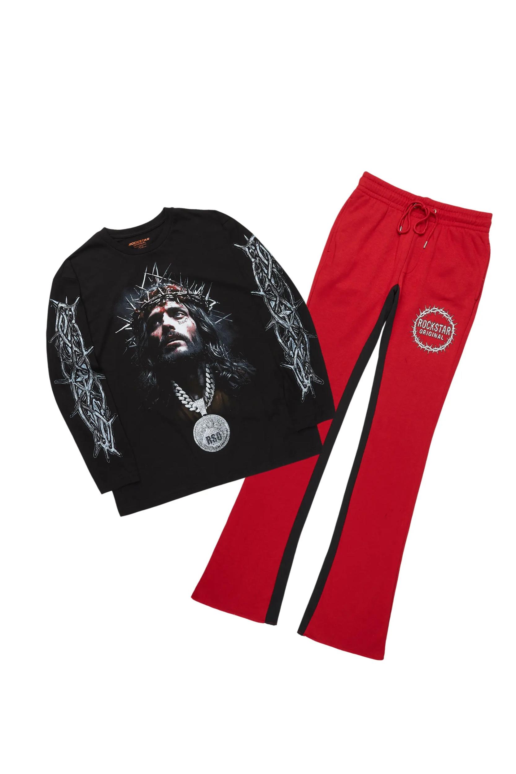 Amina Black/Burgundy Long Sleeve T-Shirt/Baggy Pant Set Male Product Image