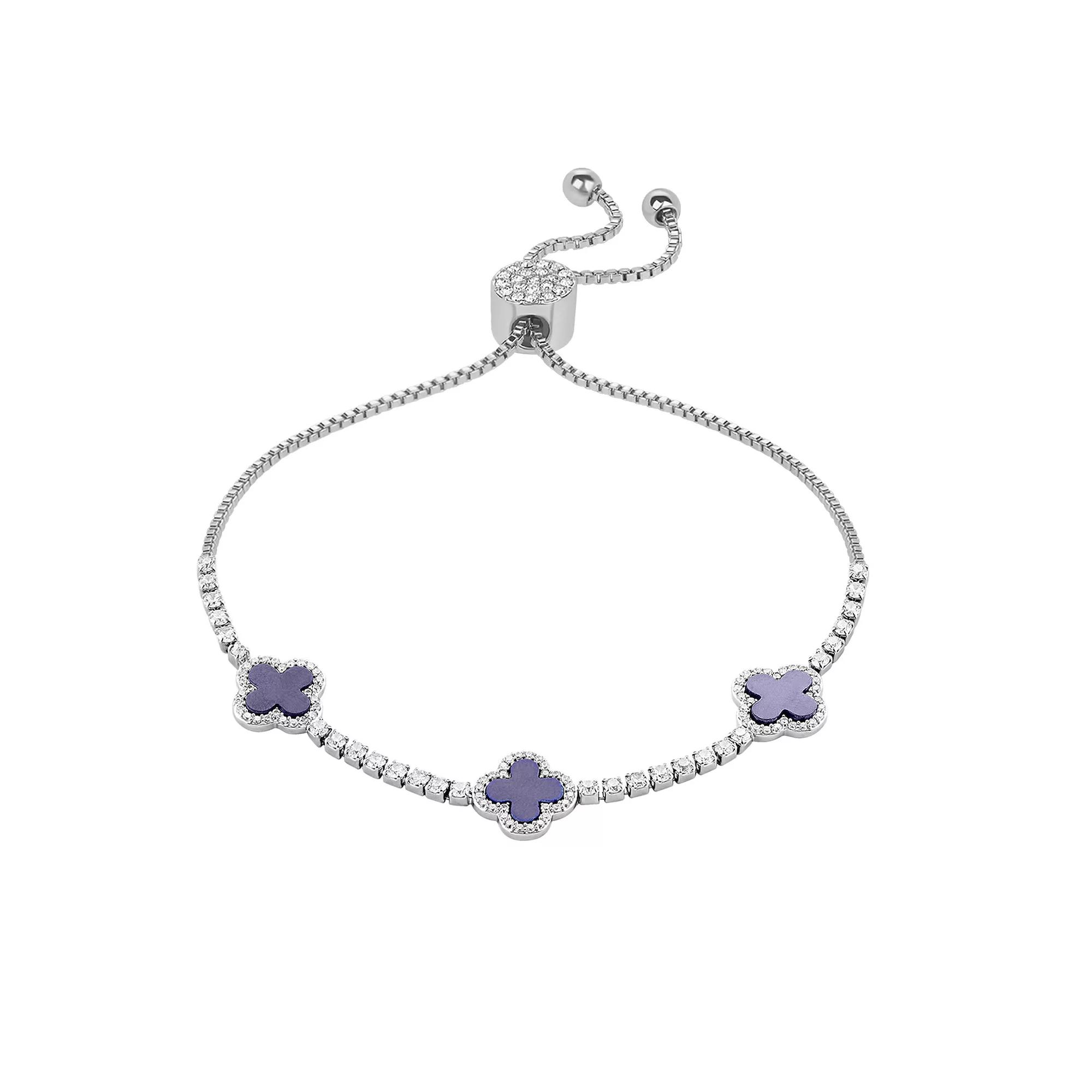 Brilliance Fine Silver Plated Cubic Zirconia and Stone Triple Clover Slider Bracelet, Women's, Size: 4-10" ADJ, Silver Tone Blue Product Image
